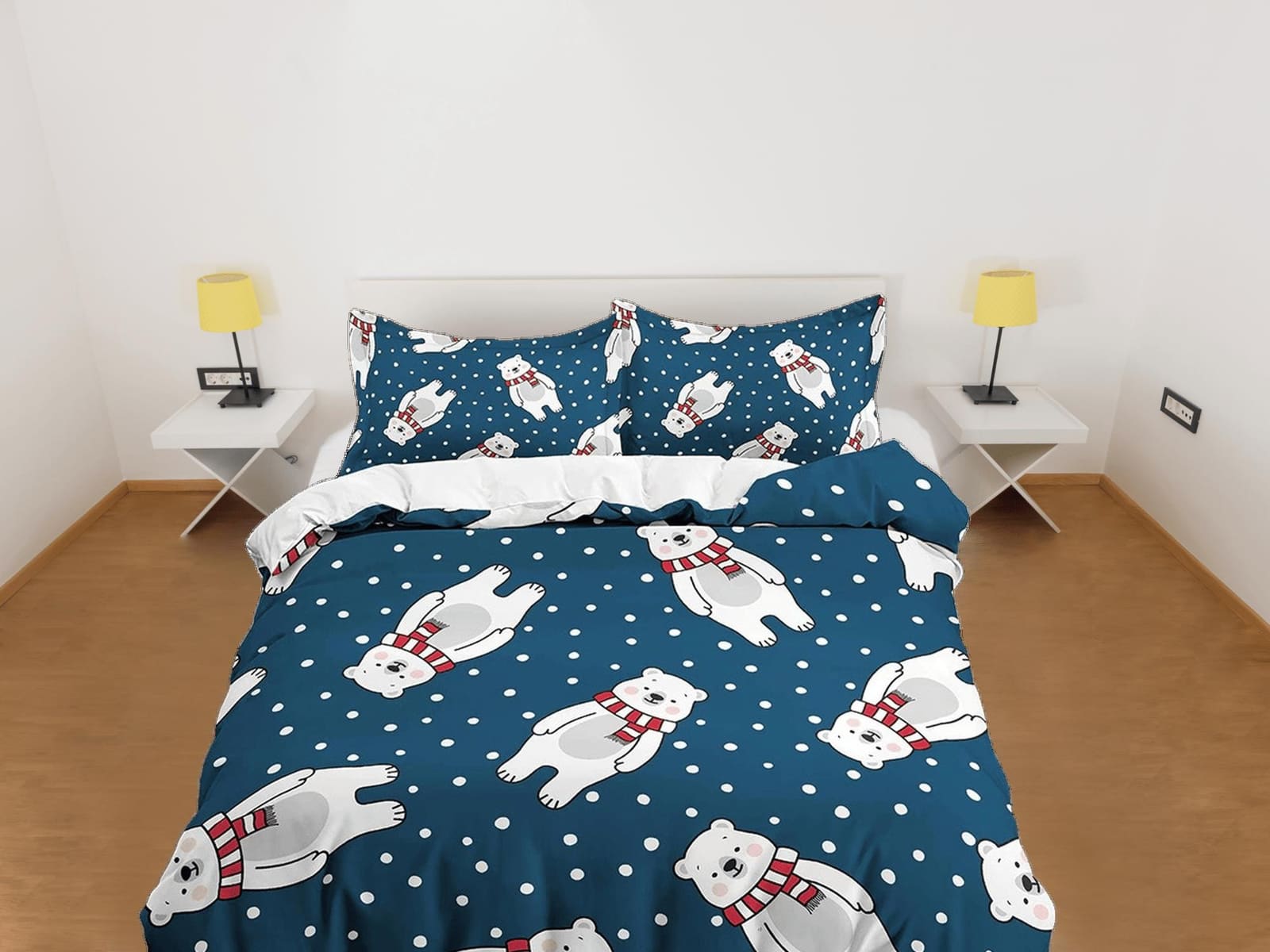 Snow Polar Bear Dark Blue Bedding, Duvet Cover Set & Pillowcase, Zipper Bedding, Dorm Bedding, Teens Adult Duvet King Quee…