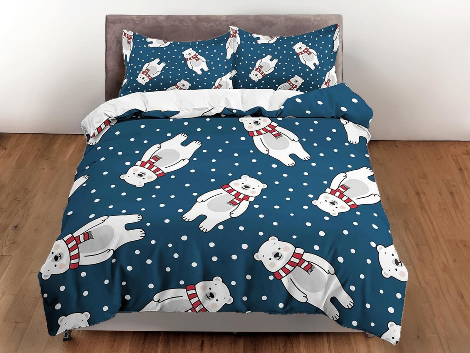 Snow Polar Bear Dark Blue Bedding, Duvet Cover Set & Pillowcase, Zipper Bedding, Dorm Bedding, Teens Adult Duvet King Quee…