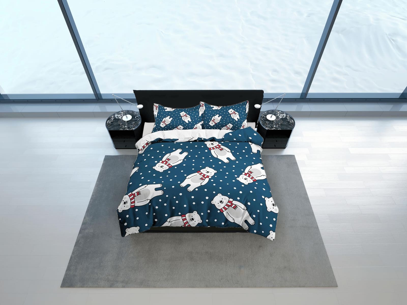 Snow Polar Bear Dark Blue Bedding, Duvet Cover Set & Pillowcase, Zipper Bedding, Dorm Bedding, Teens Adult Duvet King Quee…