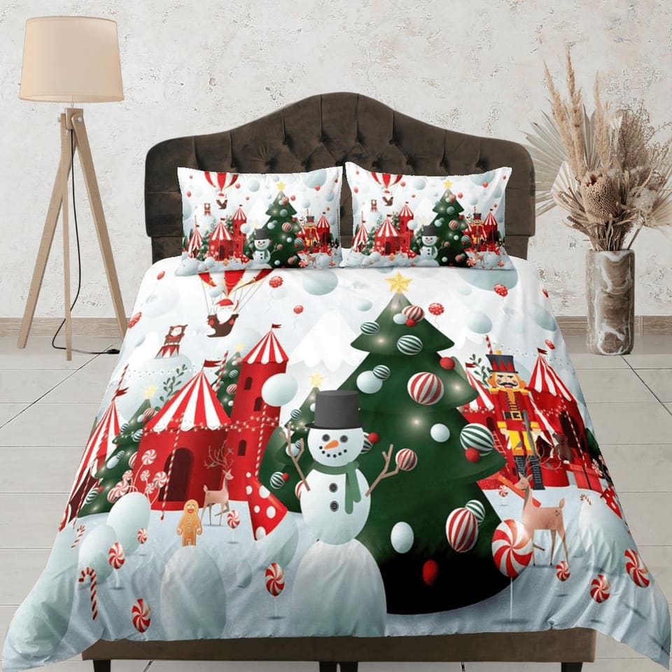 Snowman christmas tree duvet cover set, christmas full size bedding & pillowcase, college bedding, crib toddler bedding, h…