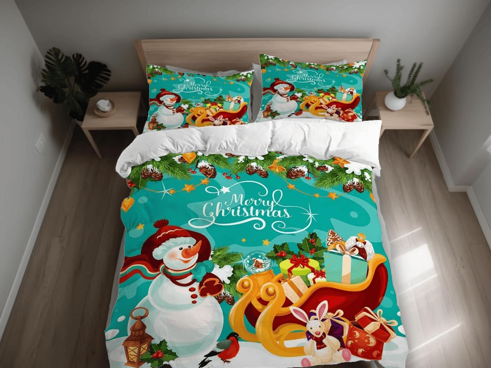 Snowman Merry Christmas aquamarine bedding set holiday gift duvet cover king queen full twin toddler bedding baby Christma…