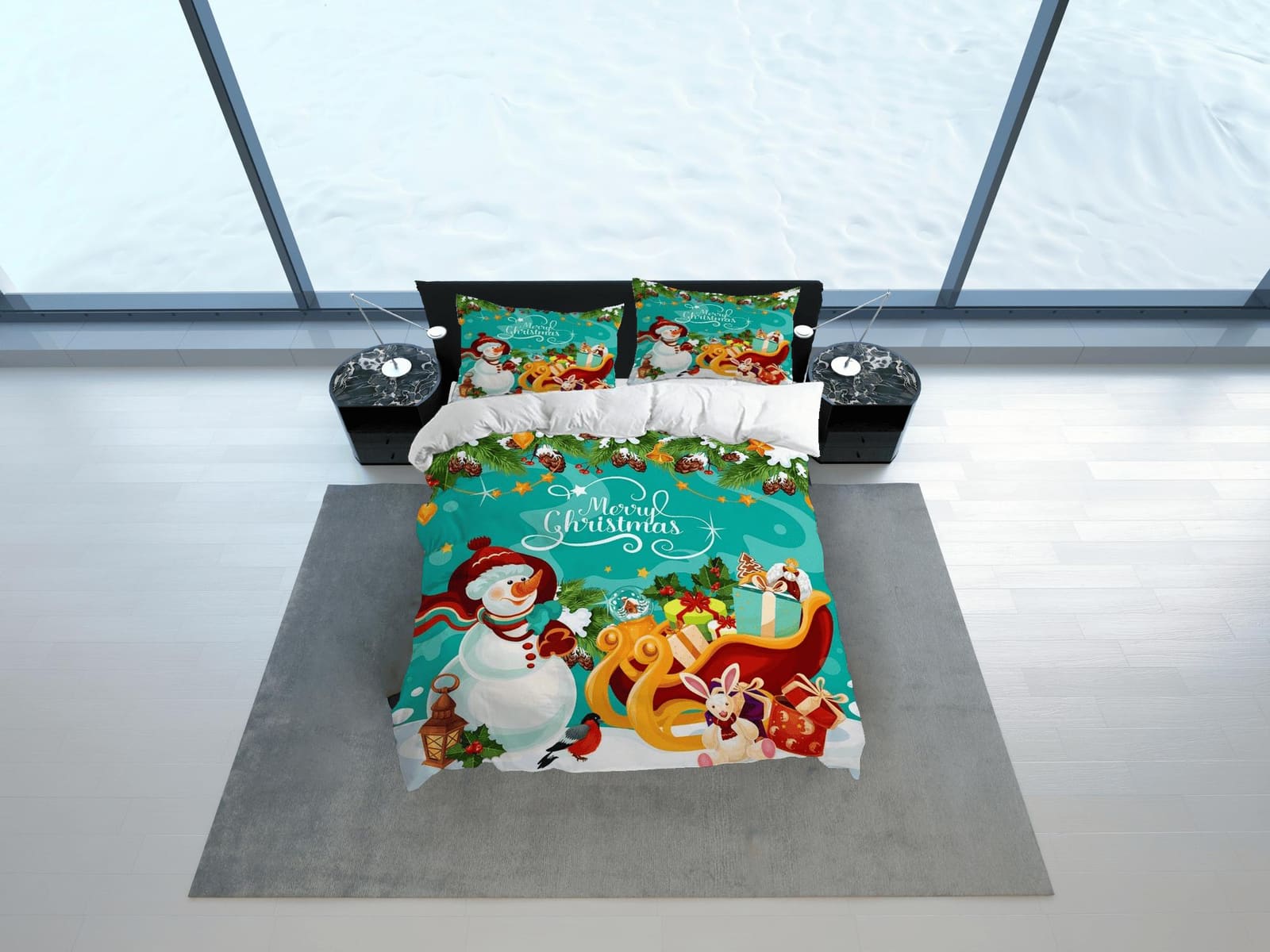 Snowman Merry Christmas aquamarine bedding set holiday gift duvet cover king queen full twin toddler bedding baby Christma…