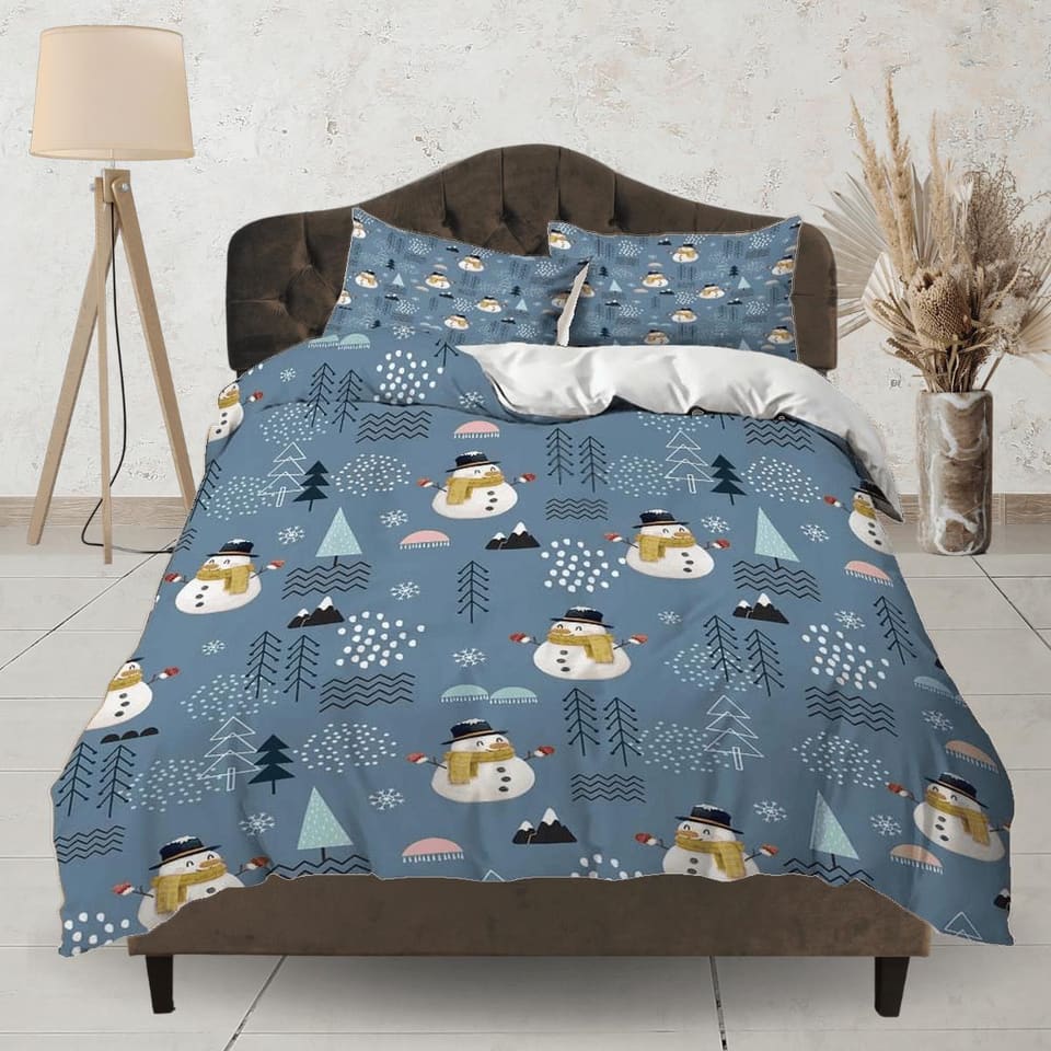 Snowman pattern Christmas bedding & pillowcase holiday gift denim blue duvet cover king queen twin toddler bedding baby Ch…