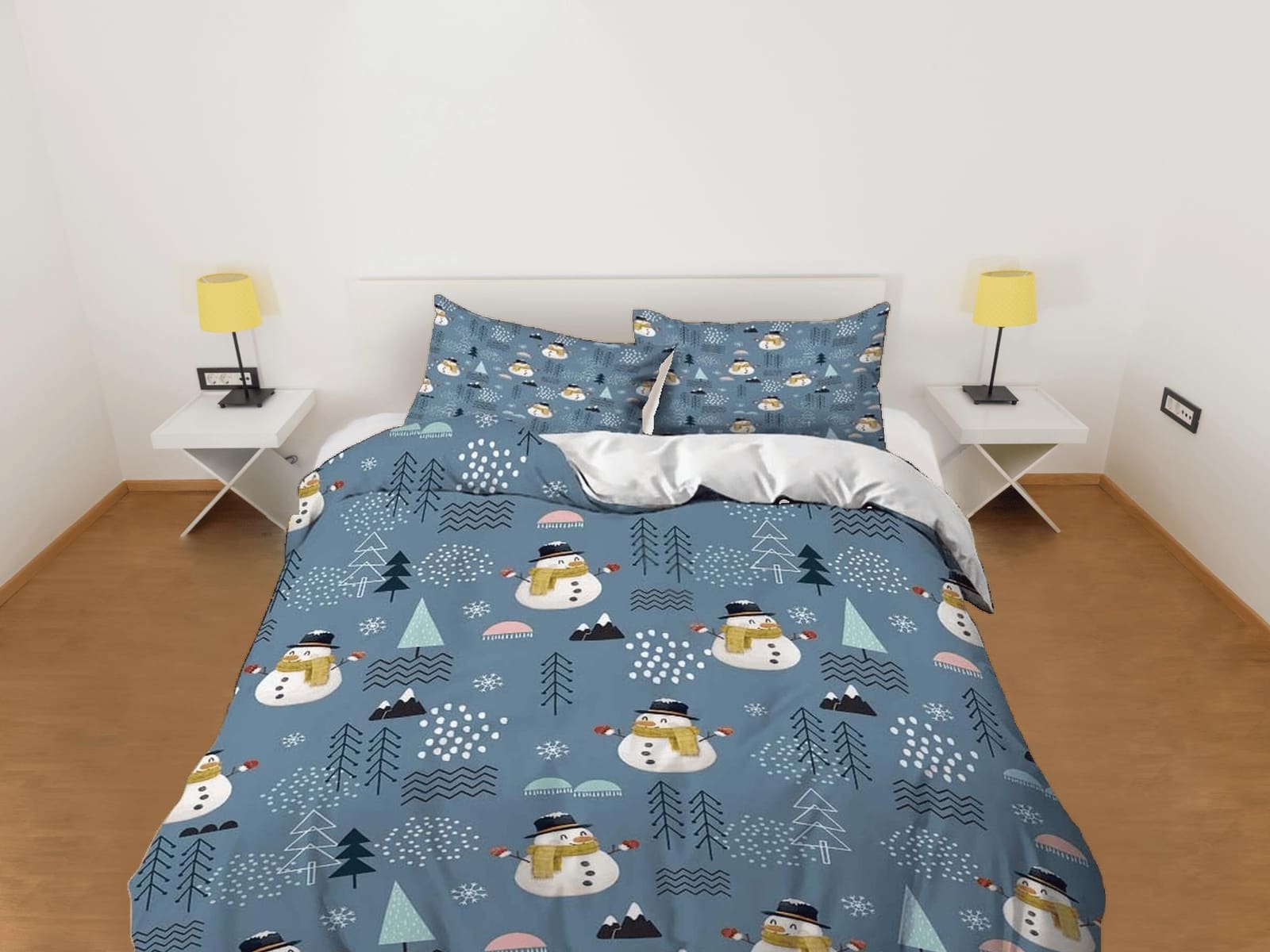 Snowman pattern Christmas bedding & pillowcase holiday gift denim blue duvet cover king queen twin toddler bedding baby Ch…