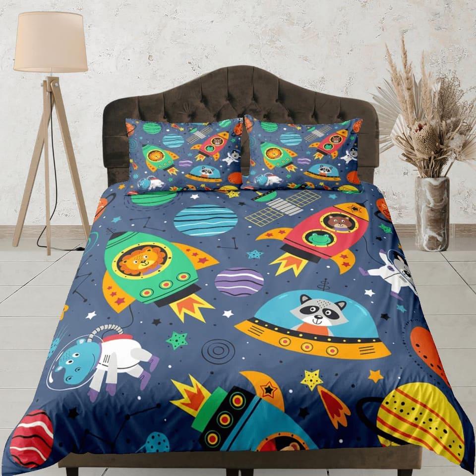 Space safari animals duvet cover set kids, galaxy bedding set full, king, queen, astronomy science dorm bedding, toddler b…