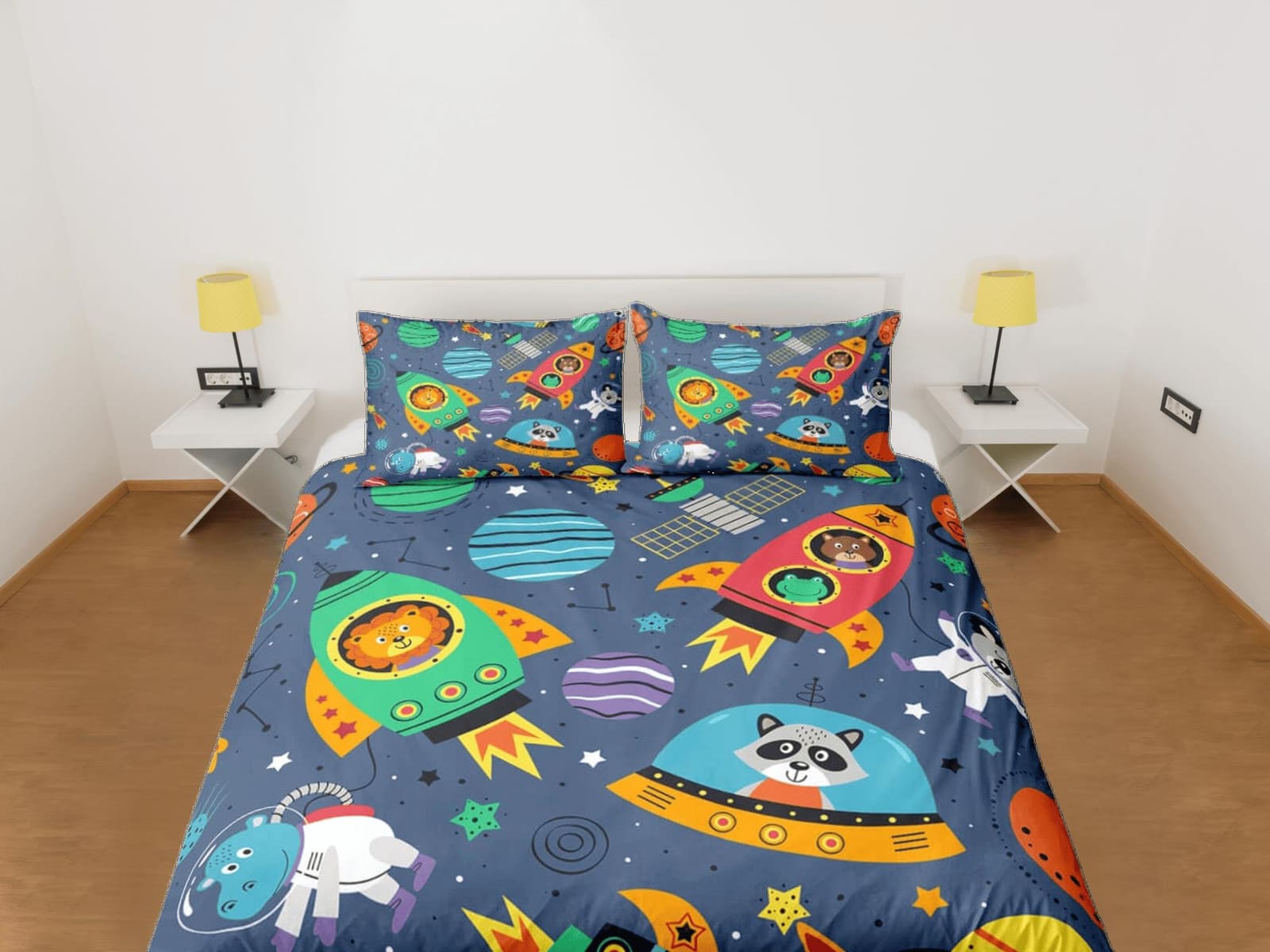 Space safari animals duvet cover set kids, galaxy bedding set full, king, queen, astronomy science dorm bedding, toddler b…
