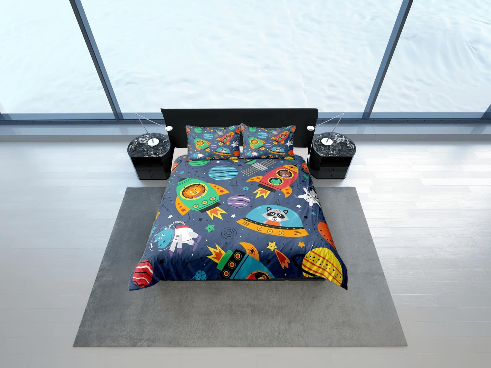 Space safari animals duvet cover set kids, galaxy bedding set full, king, queen, astronomy science dorm bedding, toddler b…
