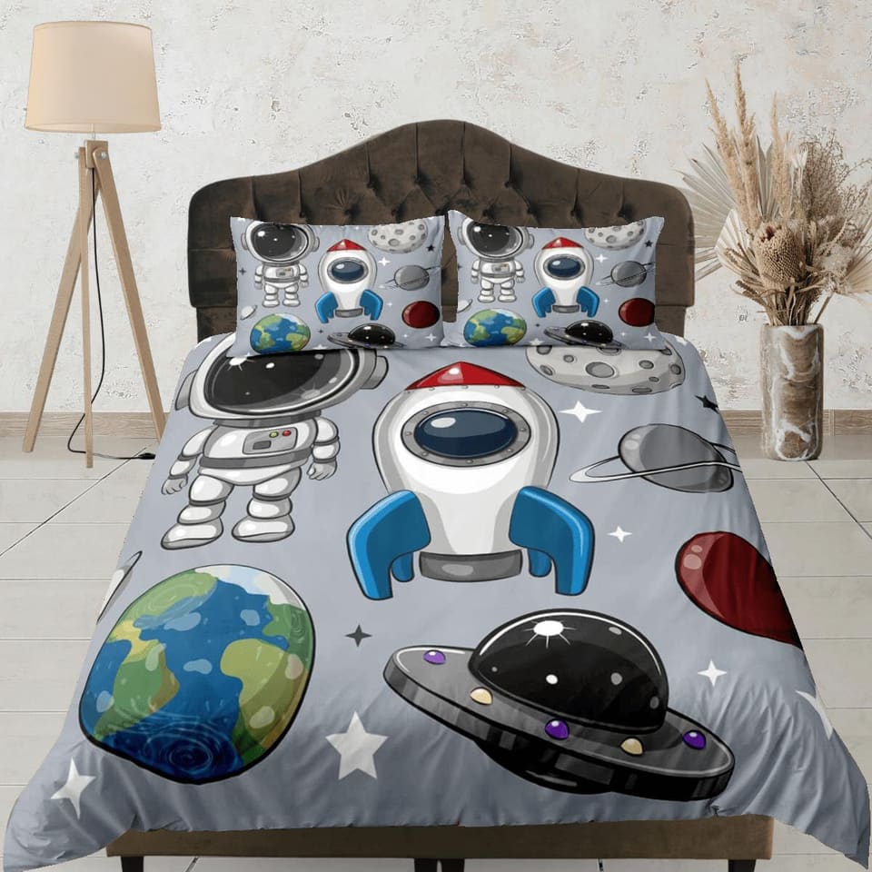 Spaceship, astronaut, planet duvet cover set for kids, galaxy bedding set full, king, queen, science dorm bedding, toddler…