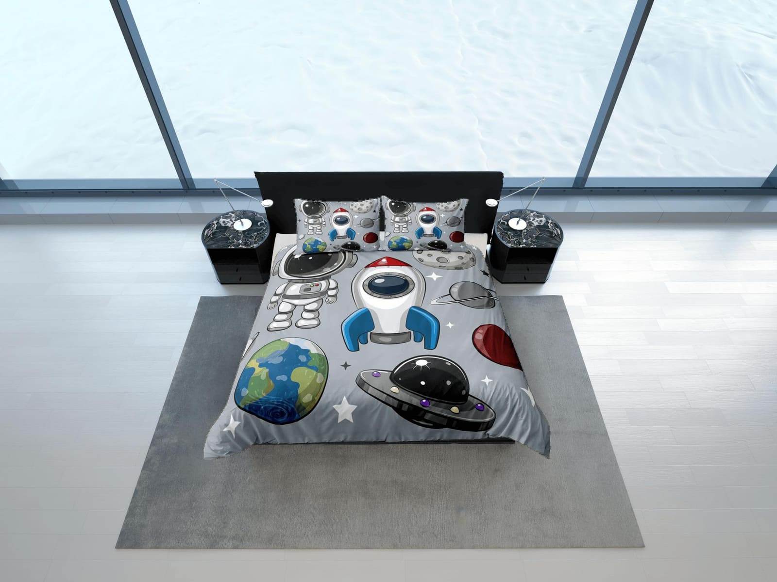 Spaceship, astronaut, planet duvet cover set for kids, galaxy bedding set full, king, queen, science dorm bedding, toddler…
