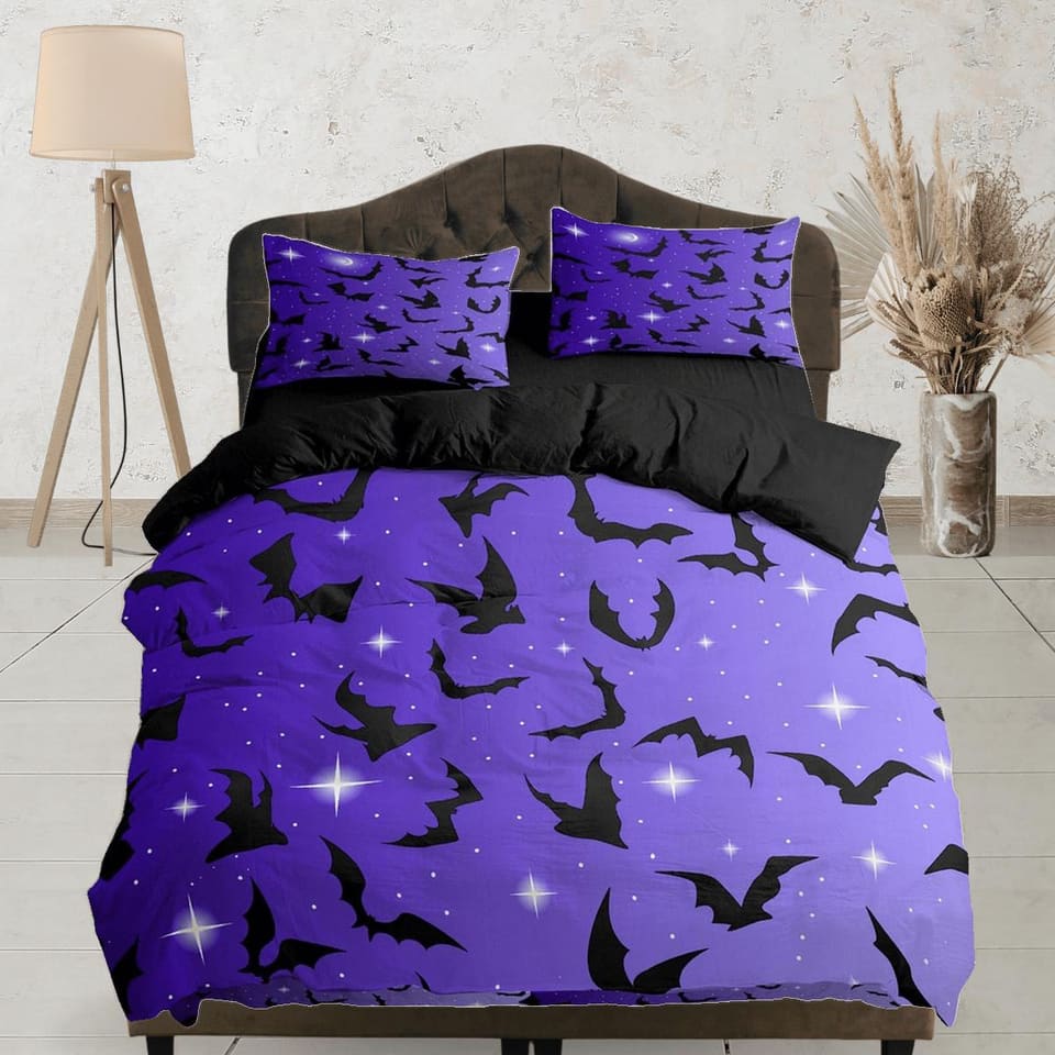 Sparkly bats halloween full size bedding & pillowcase, veri peri purple duvet cover set dorm bedding nursery toddler beddi…