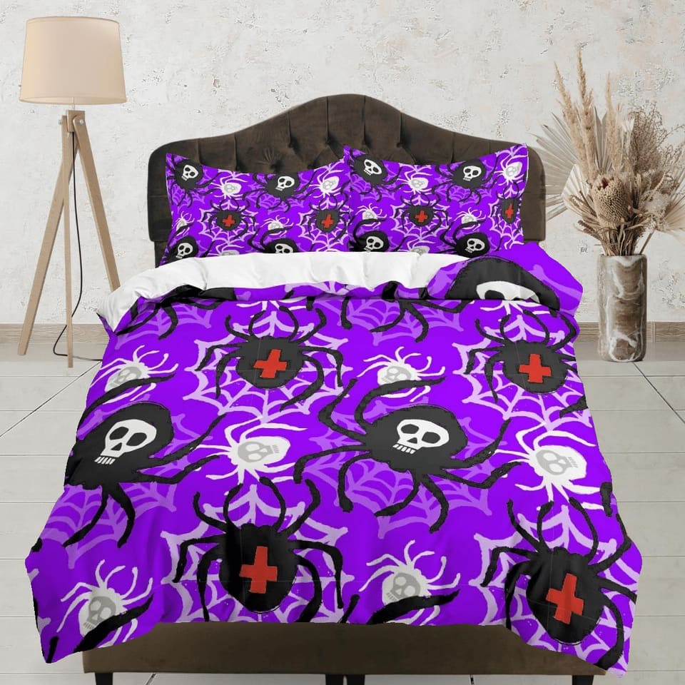Spiders purple halloween bedding & pillowcase, gothic duvet cover, dorm bedding, halloween goth decor toddler bedding, hal…