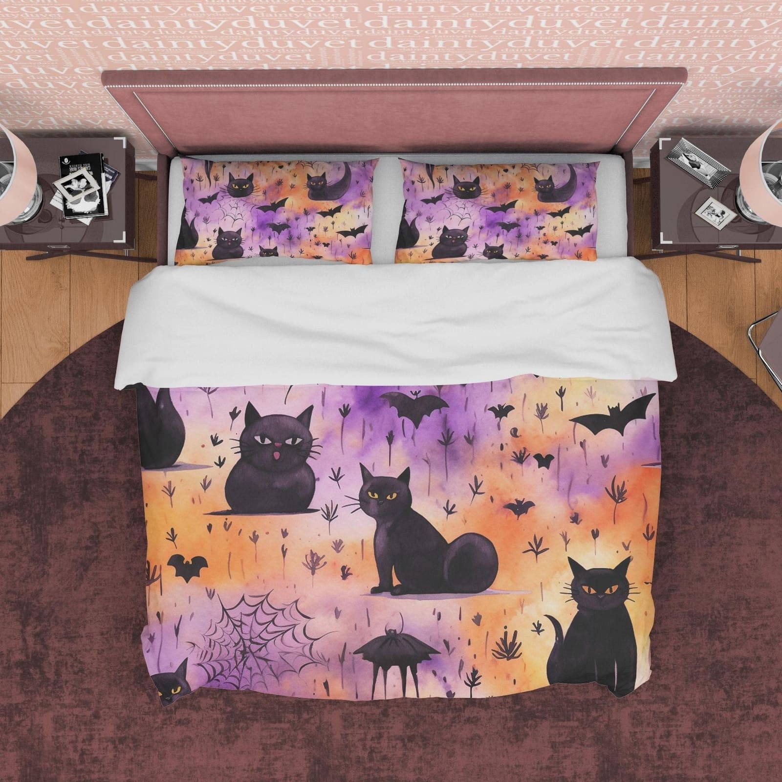 Spooky Black Cat Halloween Duvet Cover, Purple, Orange, Aesthetic Zipper Bedding, Witchy Room Decor, US, UK, European, Aus…