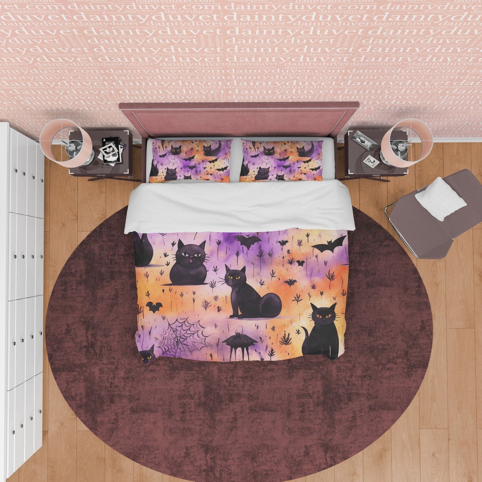 Spooky Black Cat Halloween Duvet Cover, Purple, Orange, Aesthetic Zipper Bedding, Witchy Room Decor, US, UK, European, Aus…