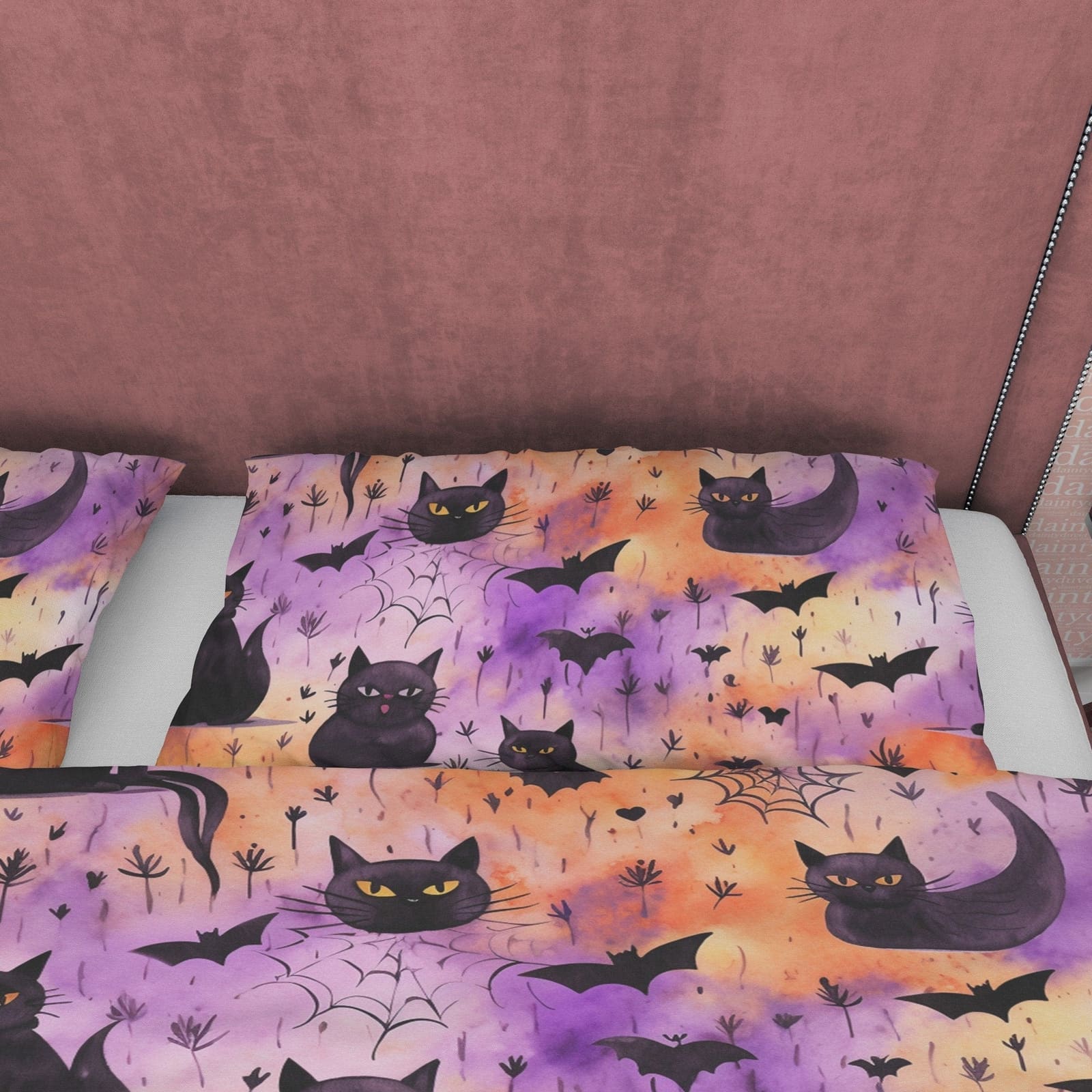 Spooky Black Cat Halloween Duvet Cover, Purple, Orange, Aesthetic Zipper Bedding, Witchy Room Decor, US, UK, European, Aus…