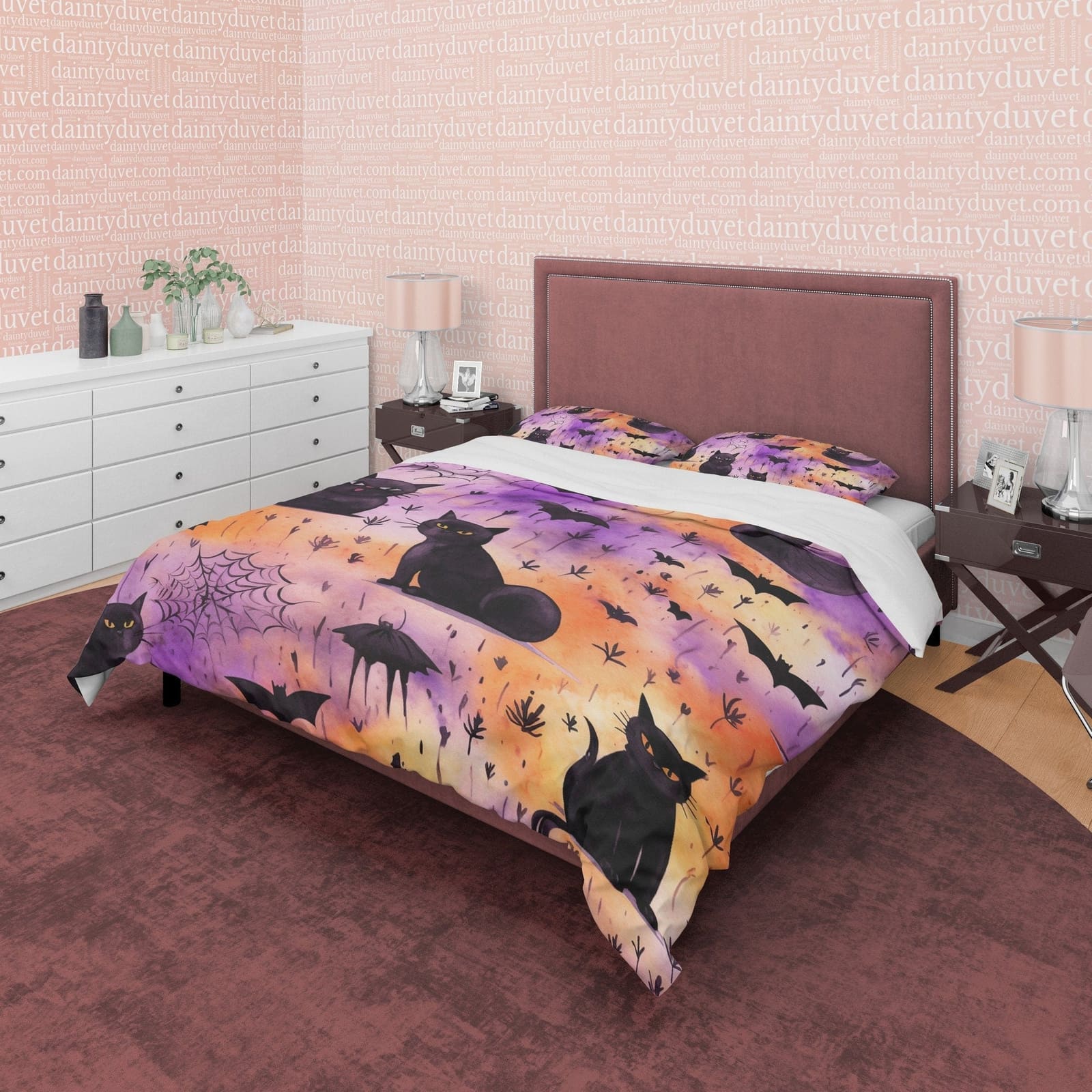 Spooky Black Cat Halloween Duvet Cover, Purple, Orange, Aesthetic Zipper Bedding, Witchy Room Decor, US, UK, European, Aus…
