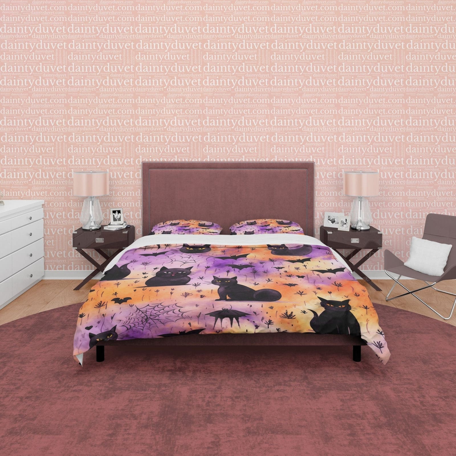 Spooky Black Cat Halloween Duvet Cover, Purple, Orange, Aesthetic Zipper Bedding, Witchy Room Decor, US, UK, European, Aus…