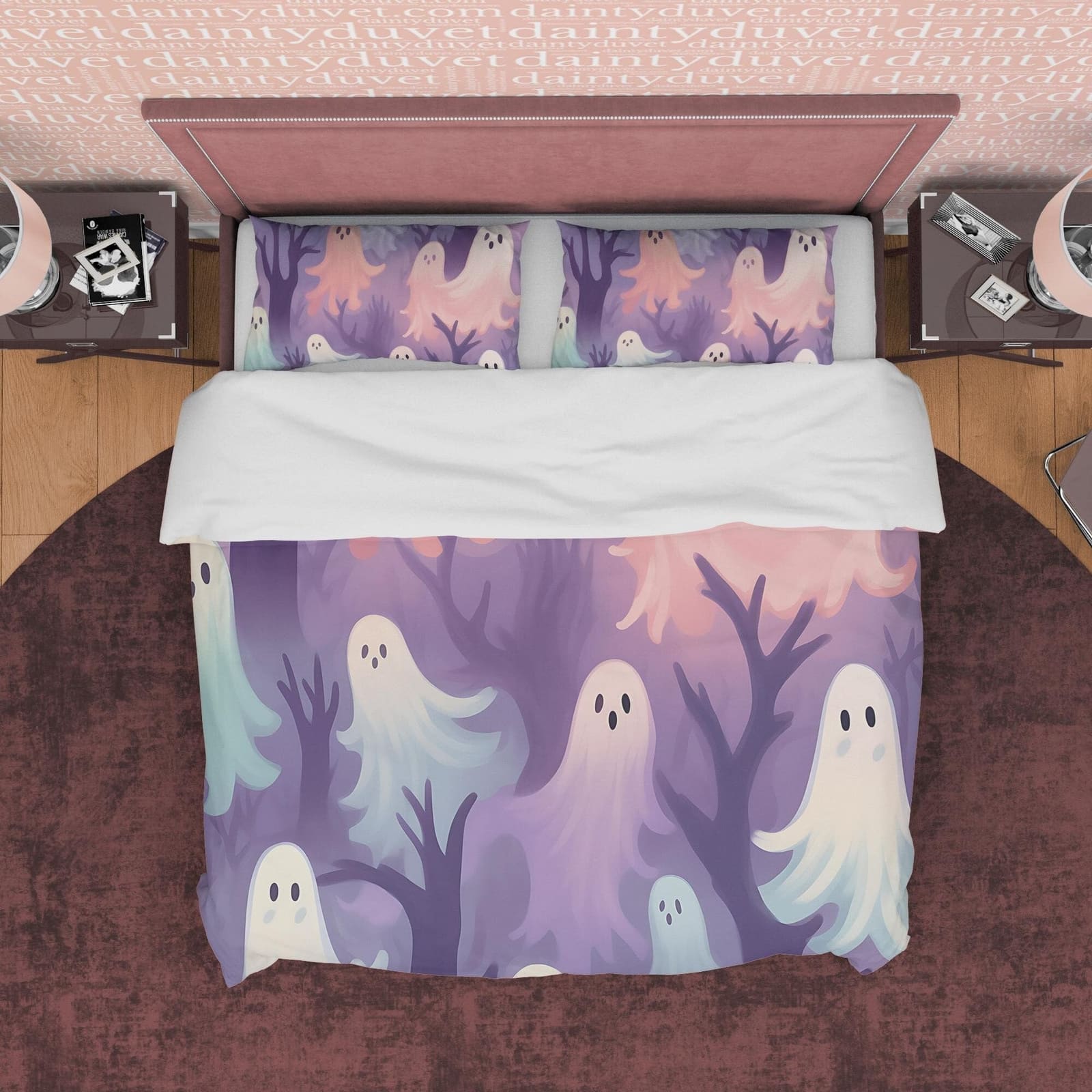 Spooky Ghosts in Magical Woods, Purple Duvet Cover Set, Aesthetic Bedding, Halloween Room Decor, US, UK, European, Austral…