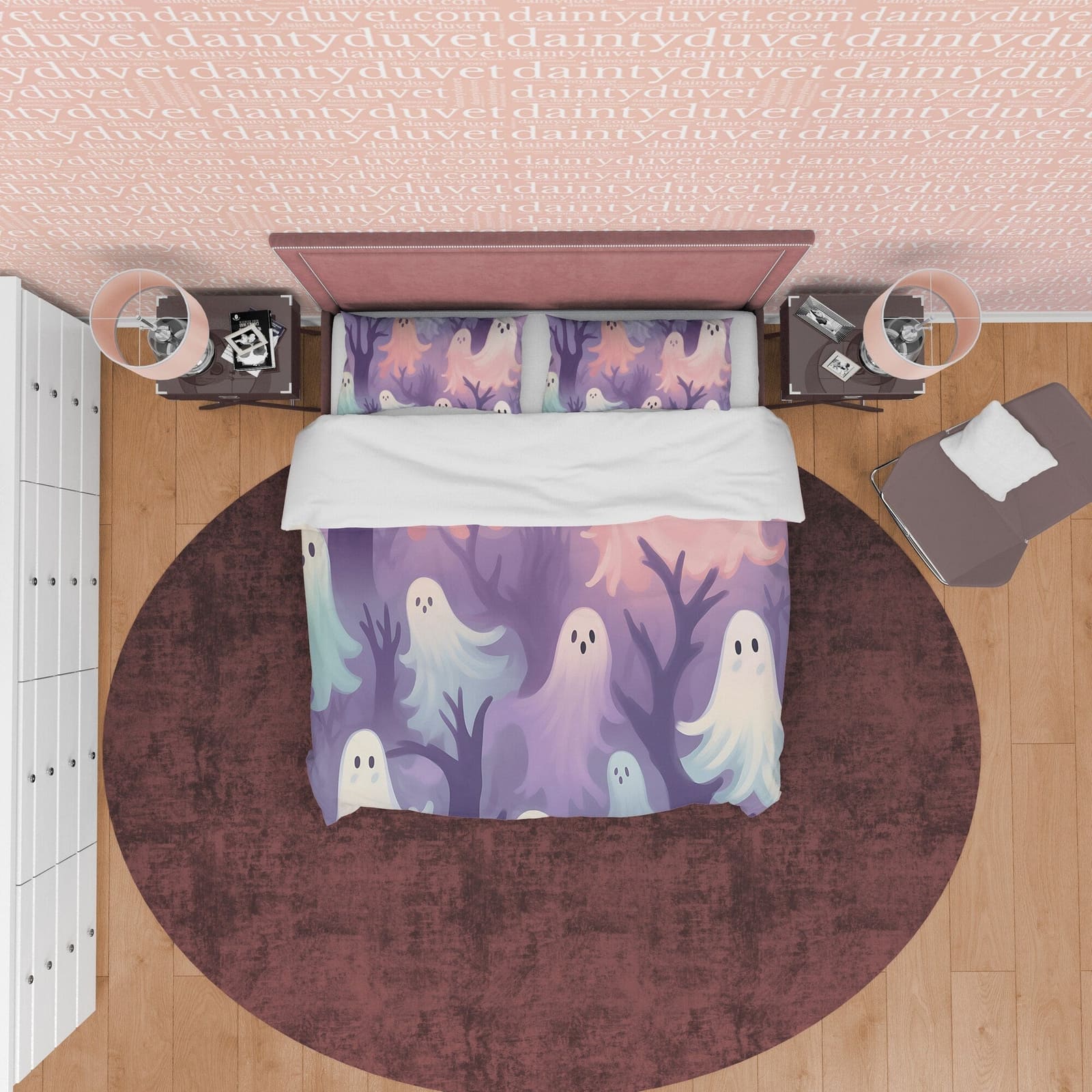 Spooky Ghosts in Magical Woods, Purple Duvet Cover Set, Aesthetic Bedding, Halloween Room Decor, US, UK, European, Austral…