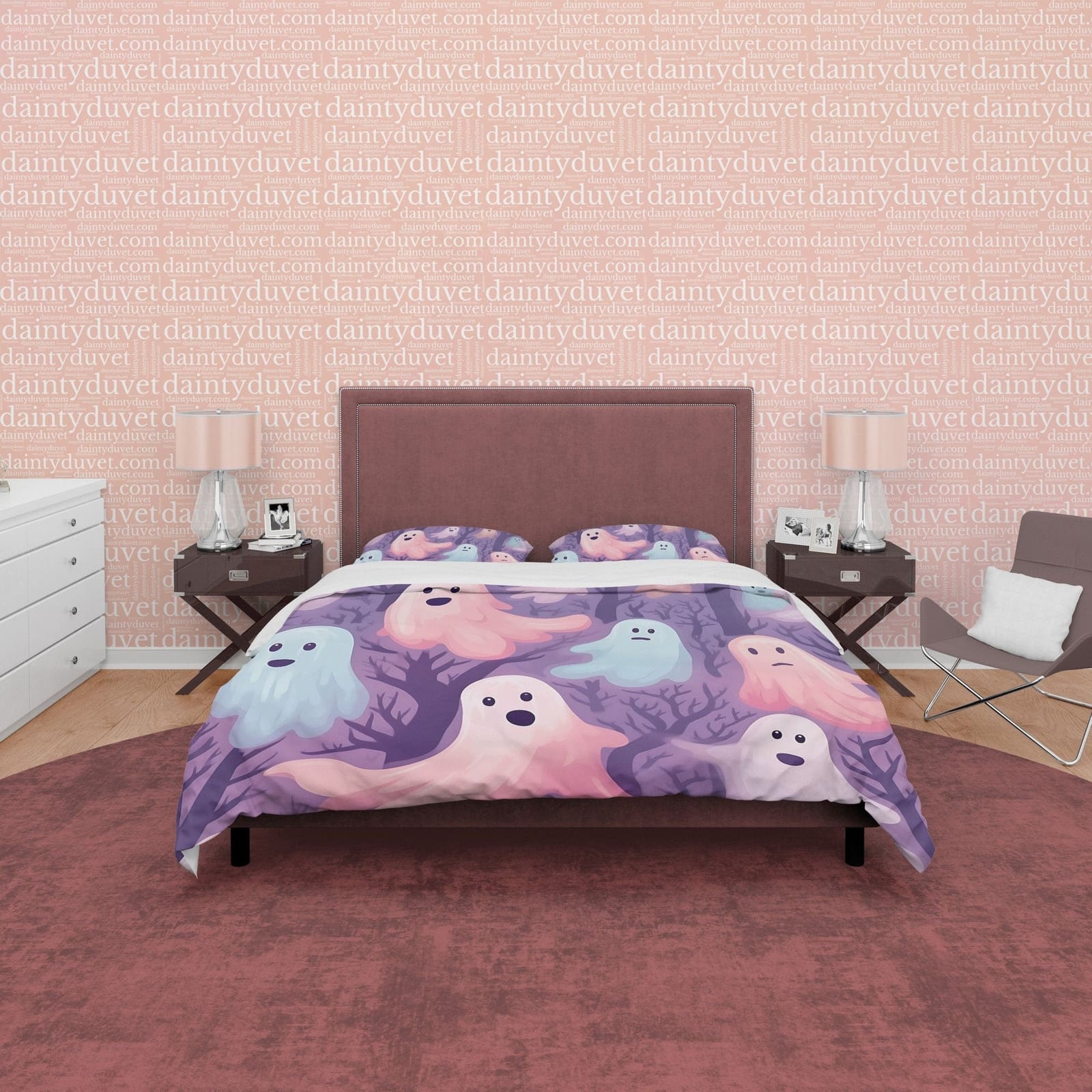 Spooky Pink and Blue Ghosts, Purple Duvet Cover Set, Aesthetic Bedding, Halloween Room Decor, US, UK, European, Australian…