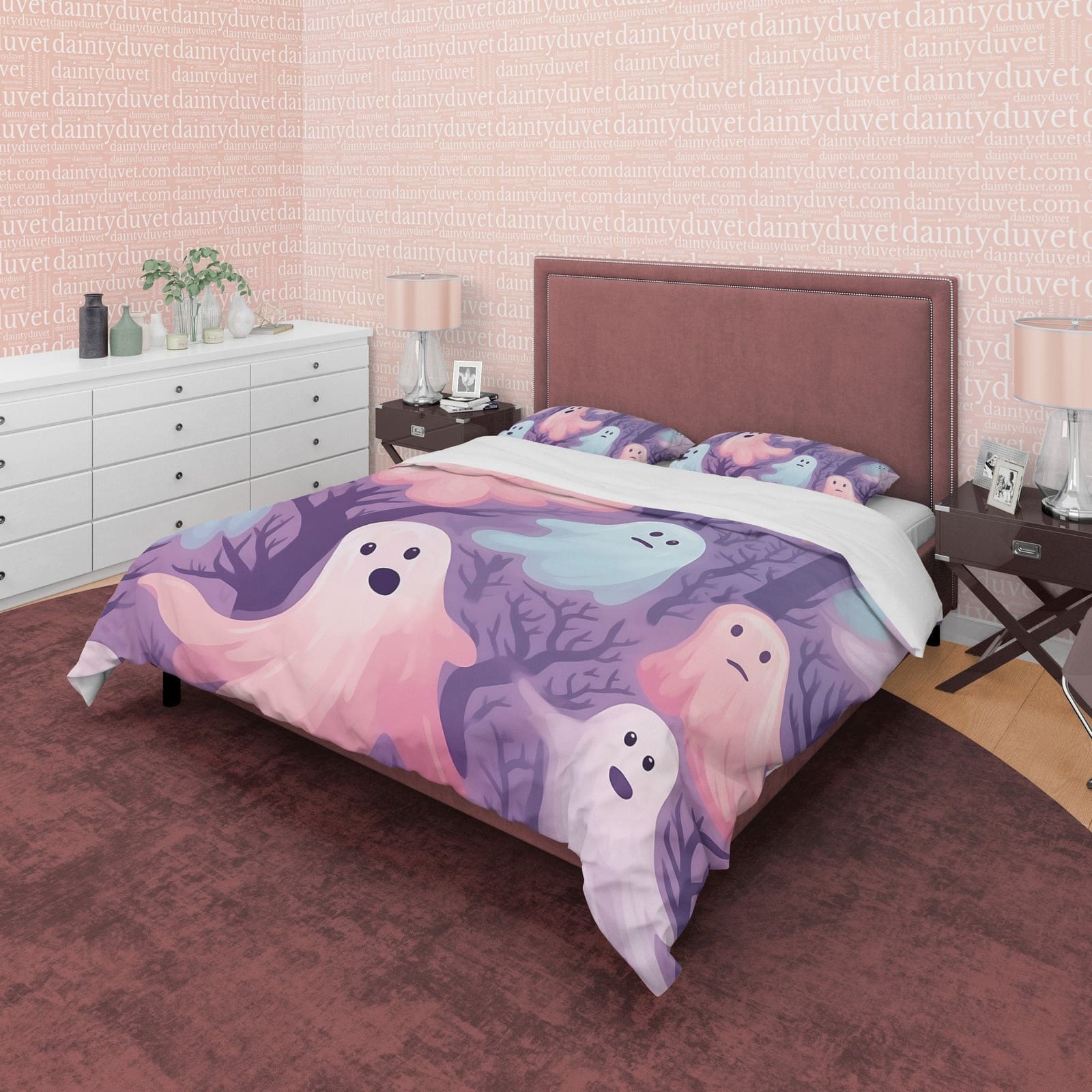 Spooky Pink and Blue Ghosts, Purple Duvet Cover Set, Aesthetic Bedding, Halloween Room Decor, US, UK, European, Australian…