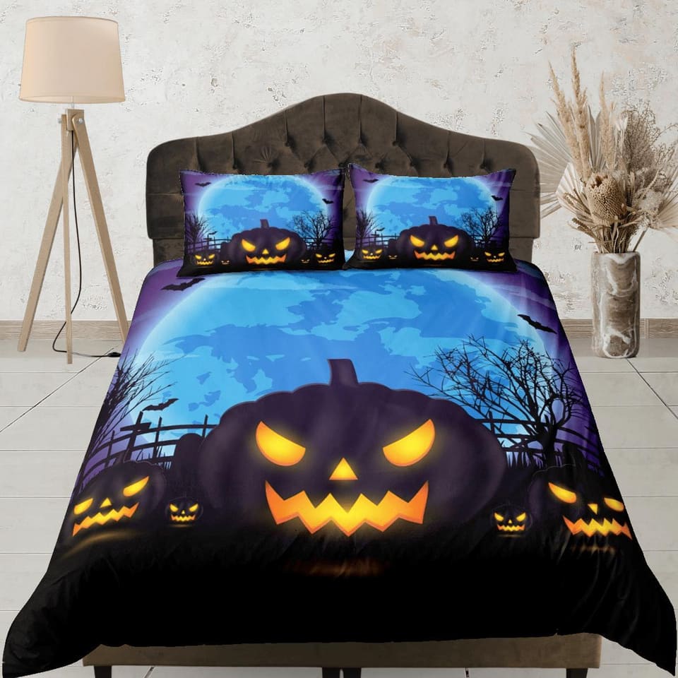 Spooky pumpkin halloween bedding & pillowcase, gothic duvet cover, dorm bedding, halloween goth decor toddler bedding, hal…