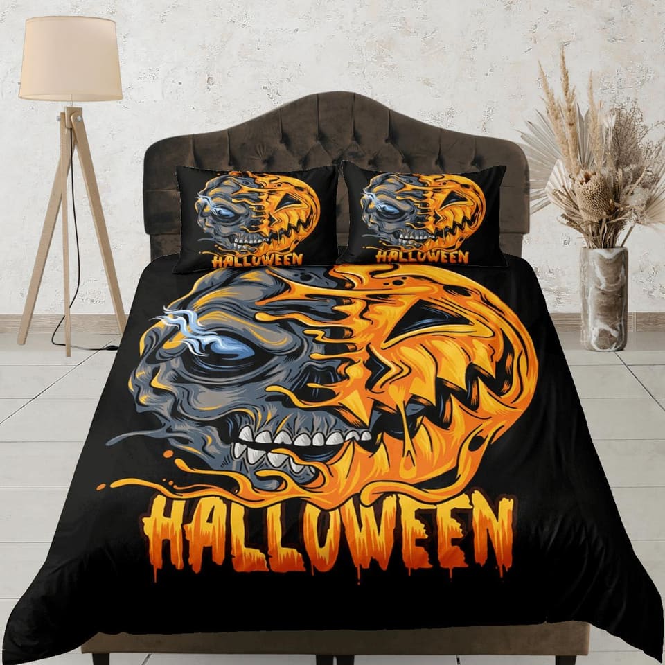 Spooky pumpkin zombie face off halloween bedding & pillowcase, gothic duvet cover, dorm bedding, goth decor toddler beddin…