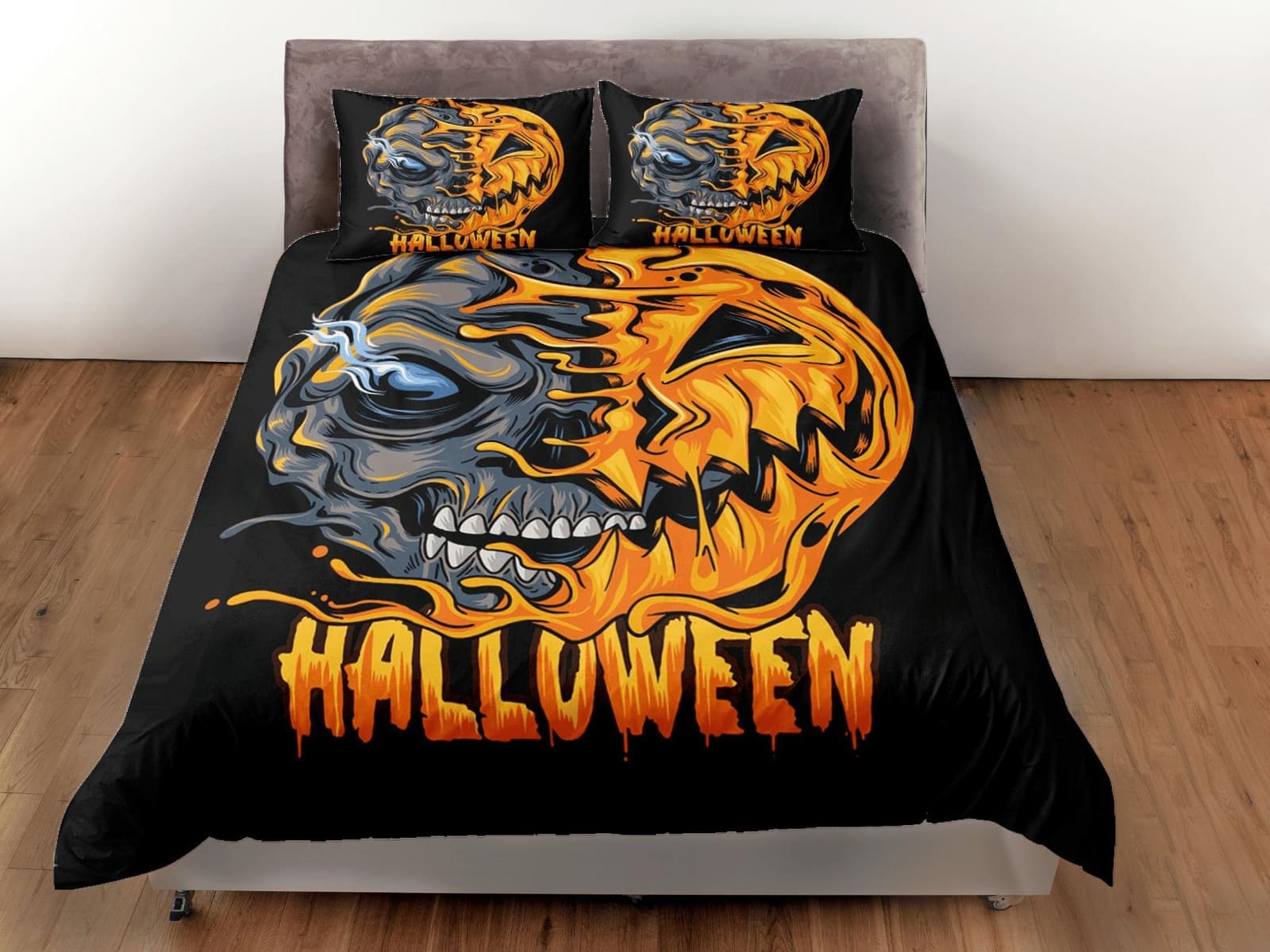 Spooky pumpkin zombie face off halloween bedding & pillowcase, gothic duvet cover, dorm bedding, goth decor toddler beddin…