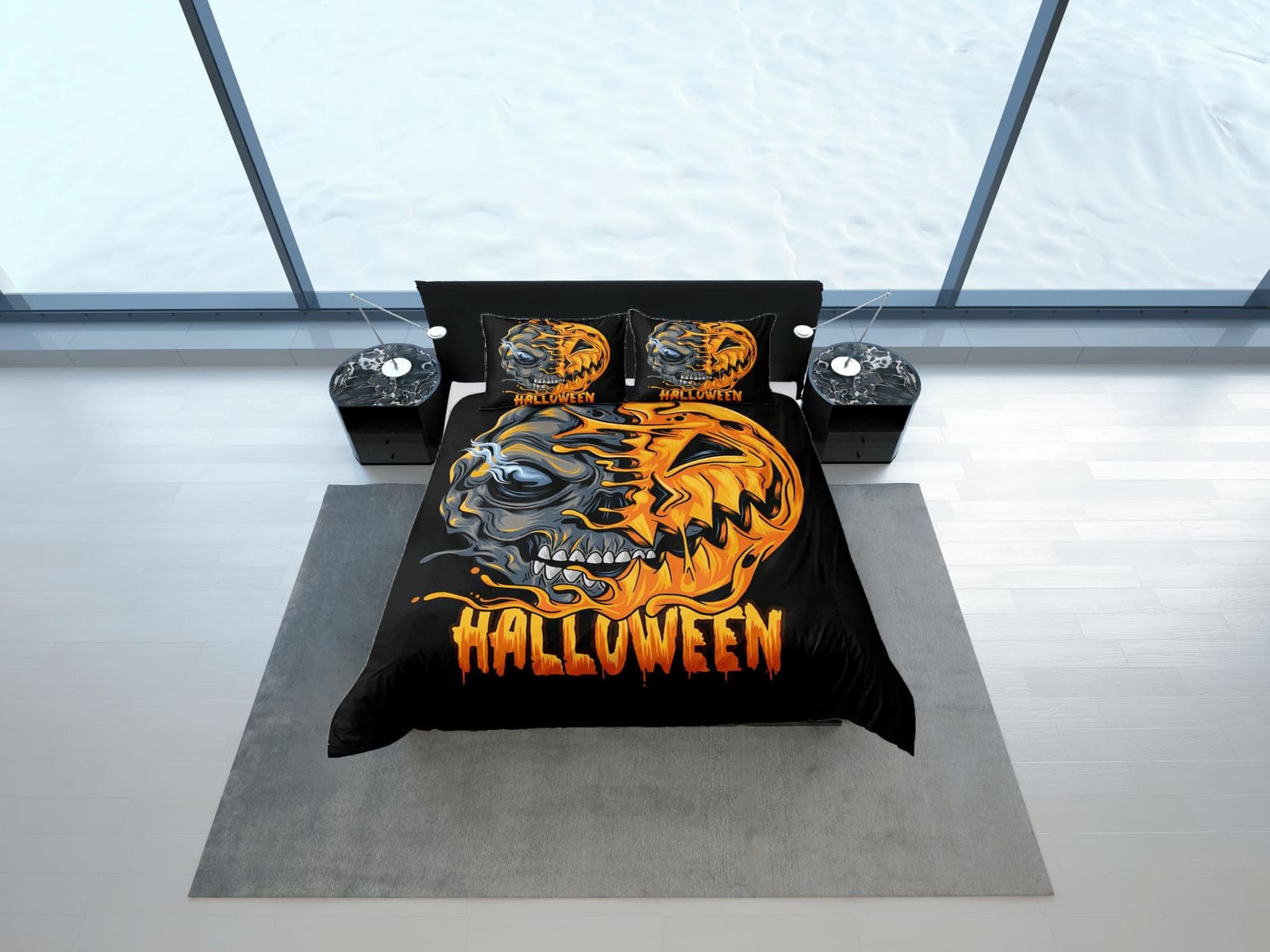 Spooky pumpkin zombie face off halloween bedding & pillowcase, gothic duvet cover, dorm bedding, goth decor toddler beddin…