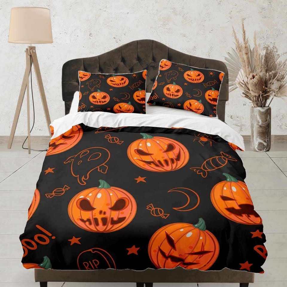 Spooky pumpkins halloween full size bedding & pillowcase, black duvet cover set dorm bedding, nursery toddler bedding, hal…