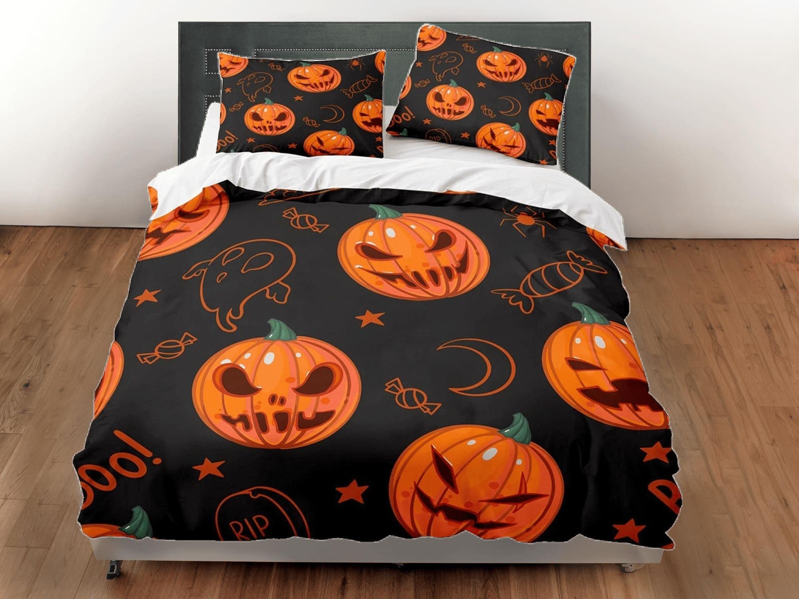 Spooky pumpkins halloween full size bedding & pillowcase, black duvet cover set dorm bedding, nursery toddler bedding, hal…