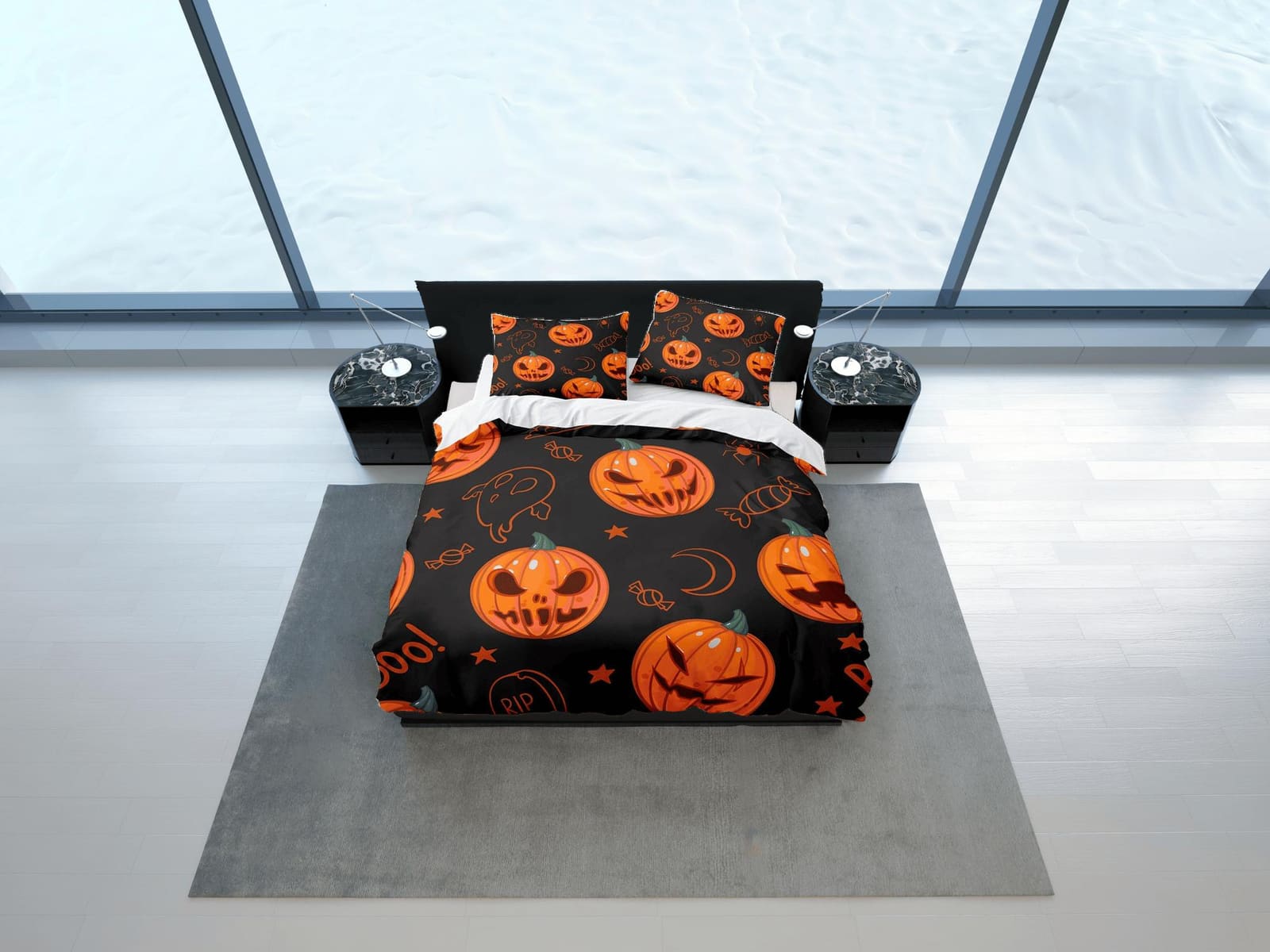Spooky pumpkins halloween full size bedding & pillowcase, black duvet cover set dorm bedding, nursery toddler bedding, hal…