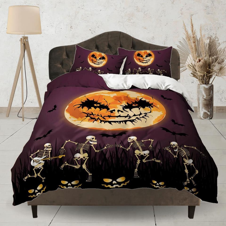 Spooky skeleton full moon halloween bedding & pillowcase, violet duvet cover, dorm bedding, goth decor toddler bedding, ha…