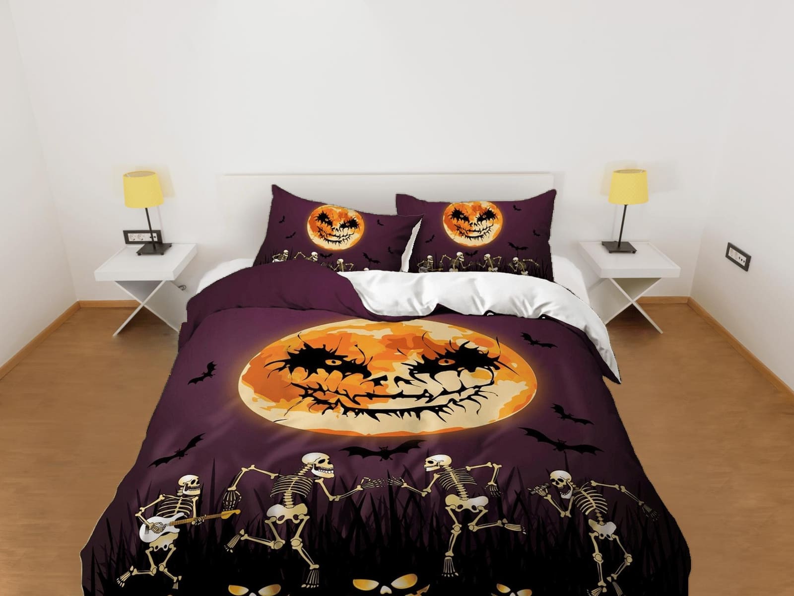 Spooky skeleton full moon halloween bedding & pillowcase, violet duvet cover, dorm bedding, goth decor toddler bedding, ha…
