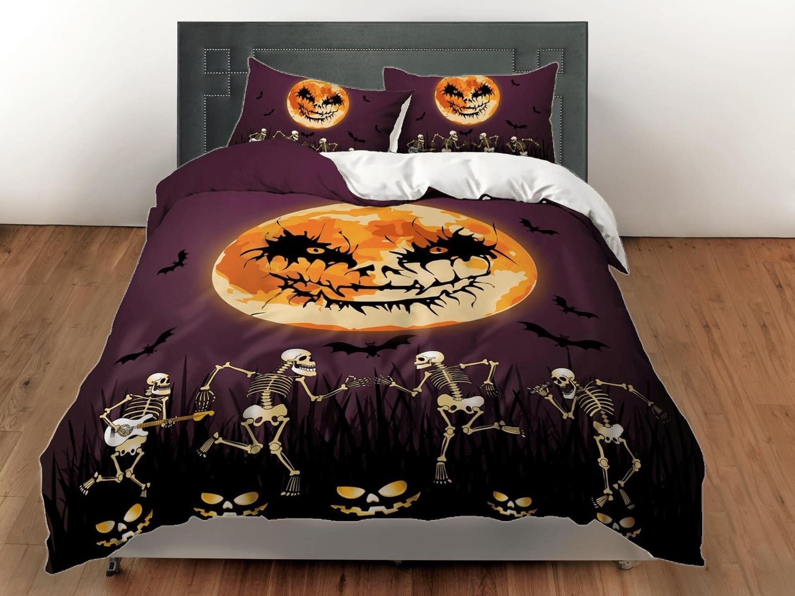 Spooky skeleton full moon halloween bedding & pillowcase, violet duvet cover, dorm bedding, goth decor toddler bedding, ha…