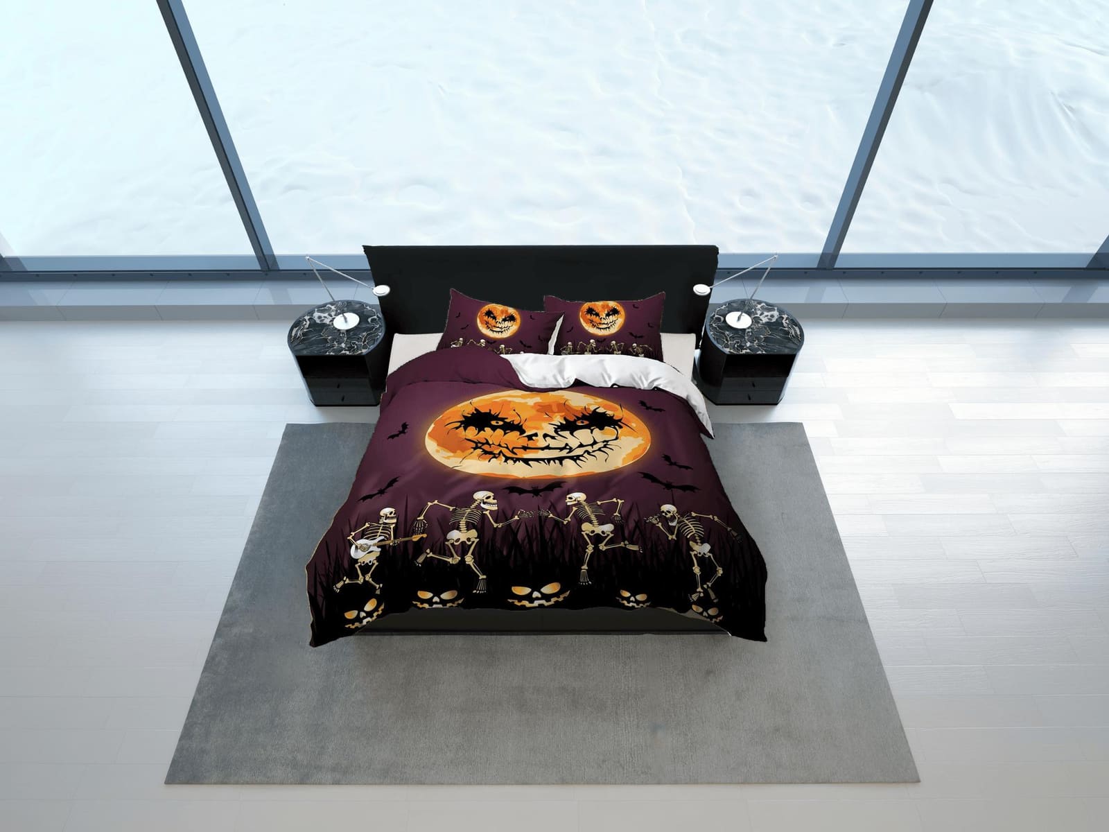 Spooky skeleton full moon halloween bedding & pillowcase, violet duvet cover, dorm bedding, goth decor toddler bedding, ha…