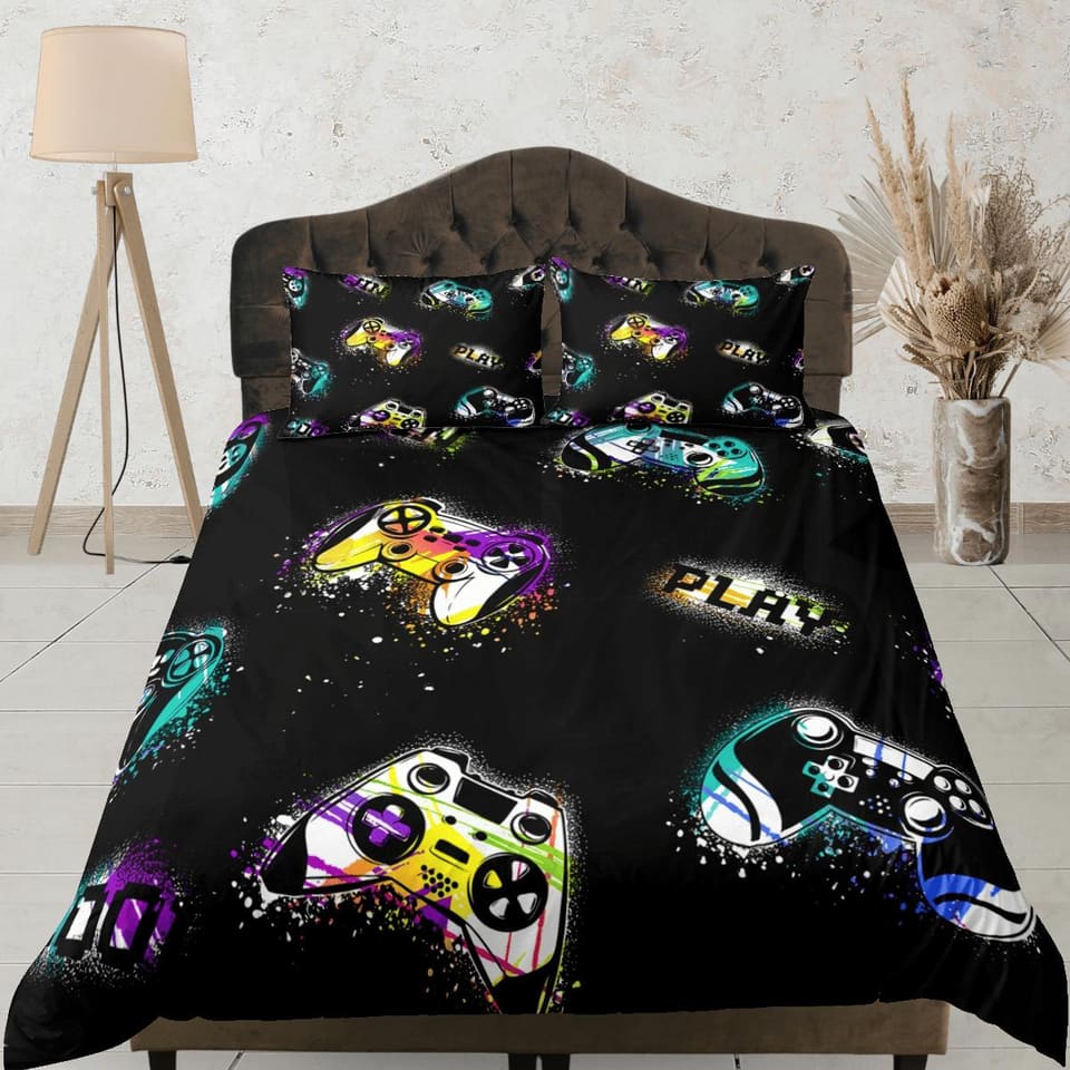 Spray painted gamer bedding colorful duvet cover, video gamer boyfriend gift bedding set full king queen twin, boys bedroo…