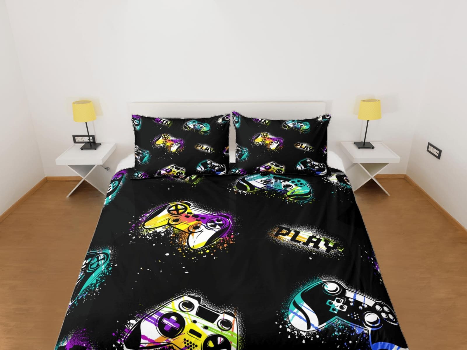 Spray painted gamer bedding colorful duvet cover, video gamer boyfriend gift bedding set full king queen twin, boys bedroo…