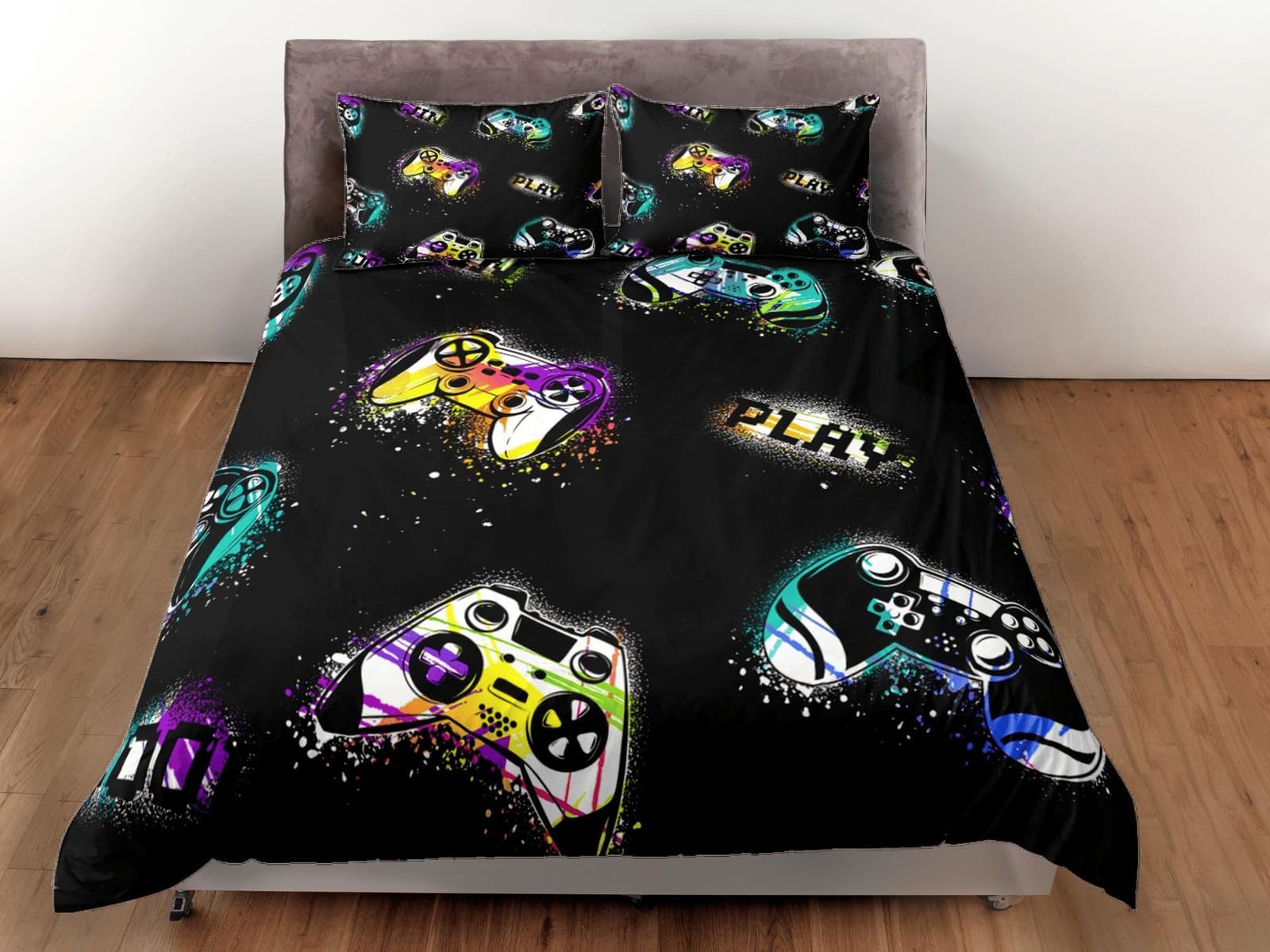 Spray painted gamer bedding colorful duvet cover, video gamer boyfriend gift bedding set full king queen twin, boys bedroo…