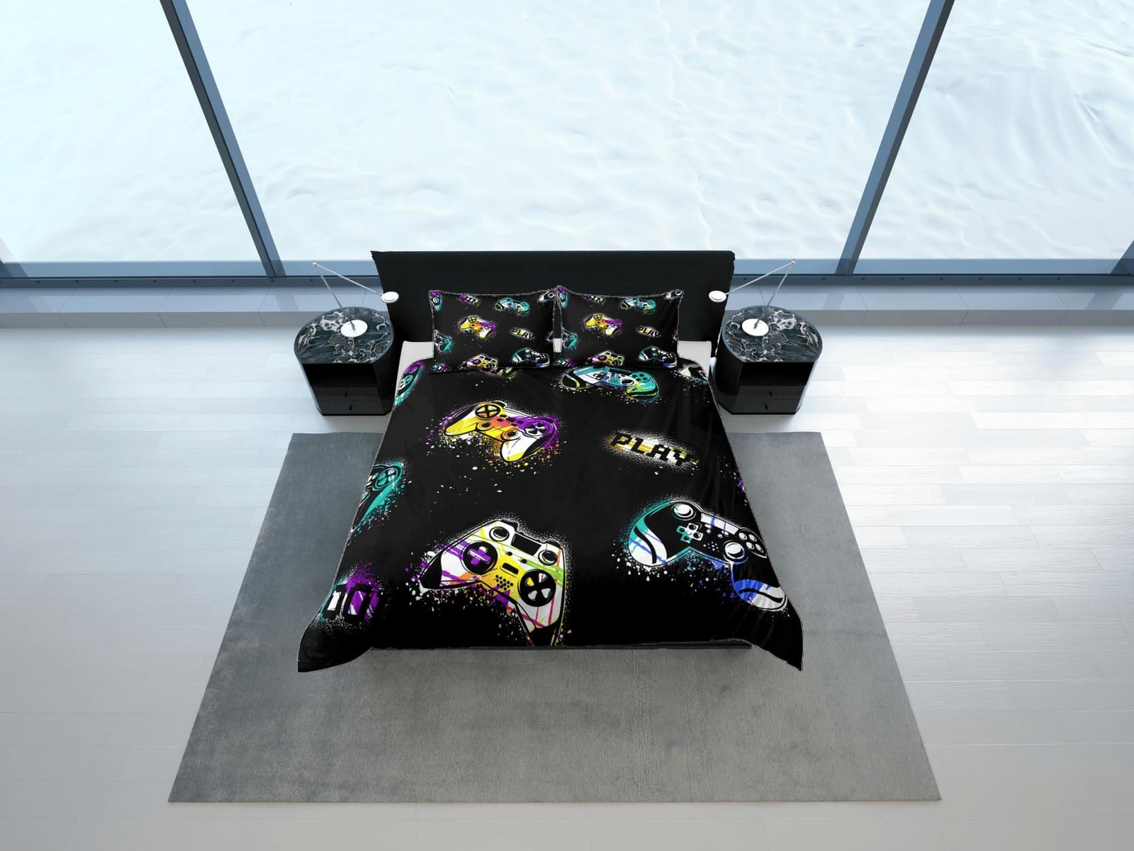 Spray painted gamer bedding colorful duvet cover, video gamer boyfriend gift bedding set full king queen twin, boys bedroo…