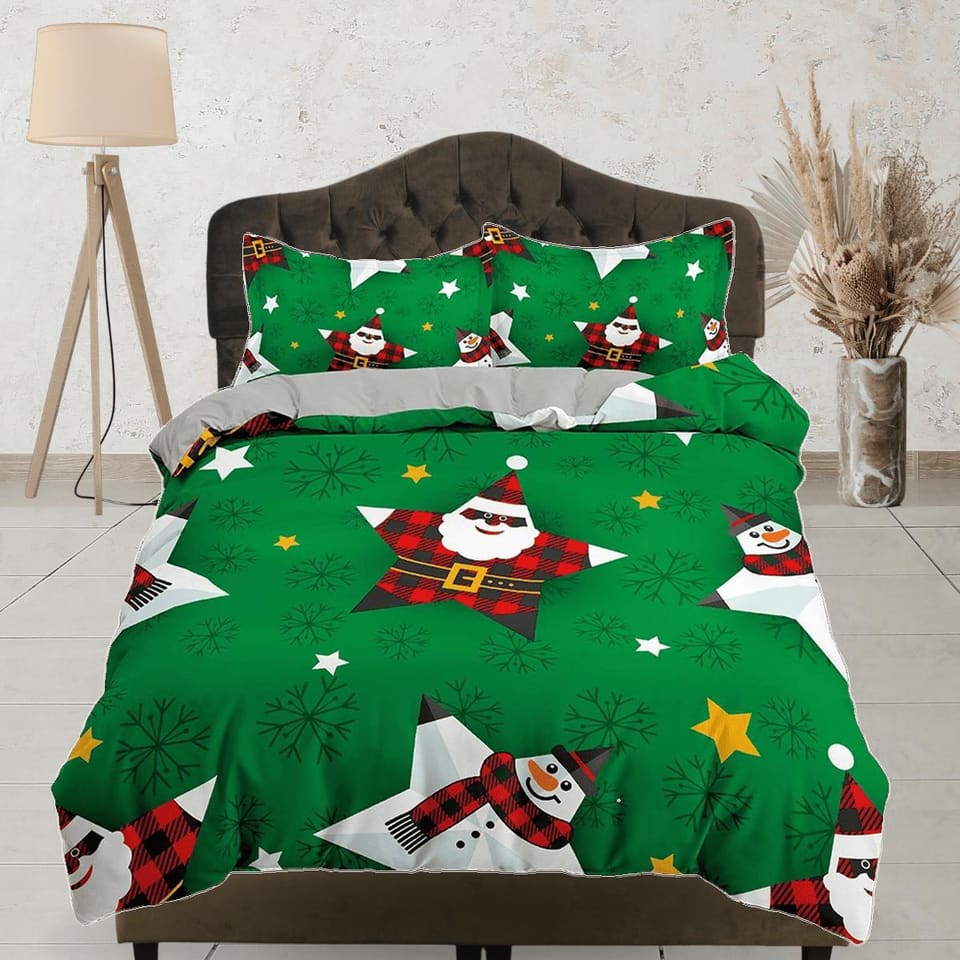 Star snowman and santa claus green duvet cover set, christmas full size bedding & pillowcase, college bedding, crib beddin…