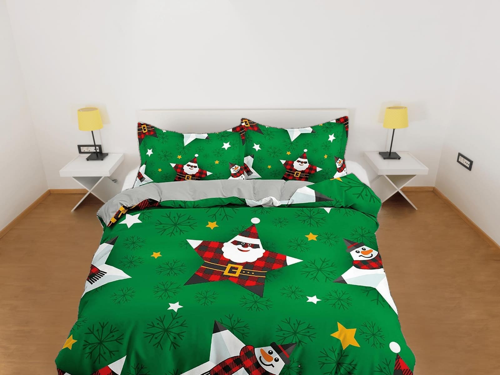 Star snowman and santa claus green duvet cover set, christmas full size bedding & pillowcase, college bedding, crib beddin…