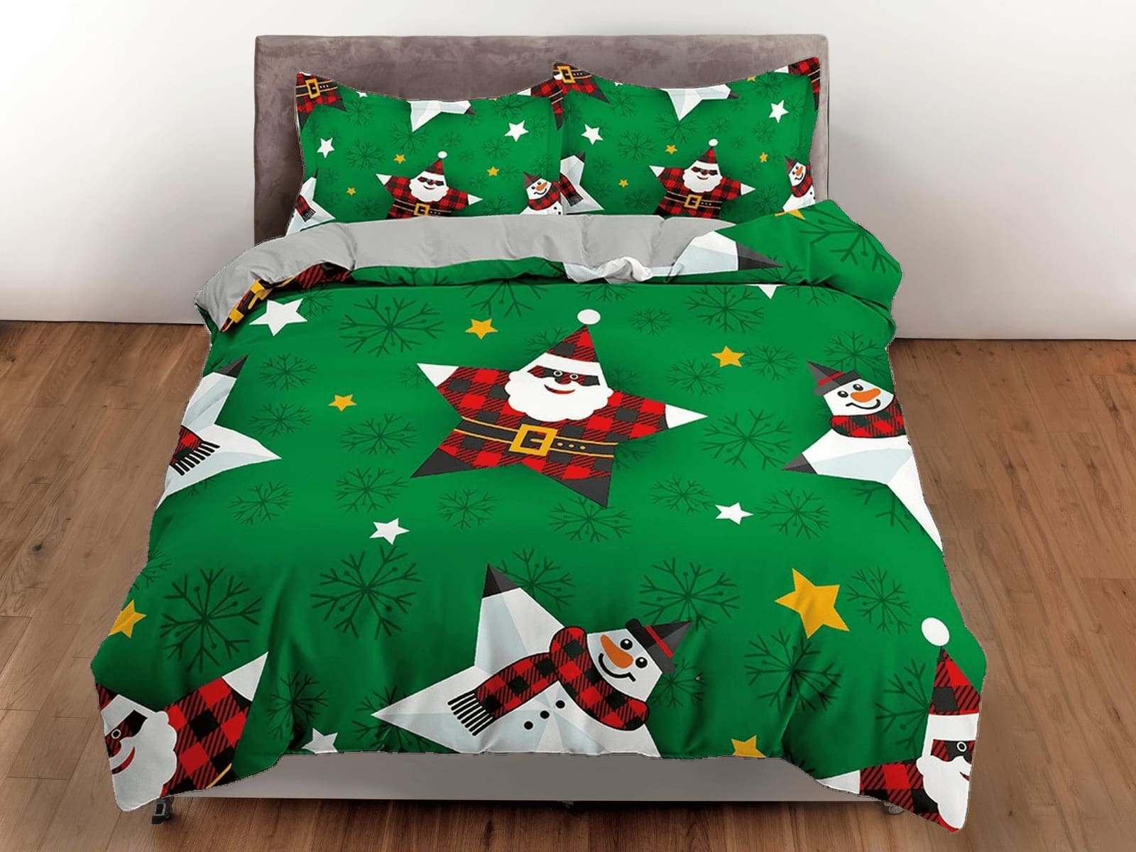 Star snowman and santa claus green duvet cover set, christmas full size bedding & pillowcase, college bedding, crib beddin…
