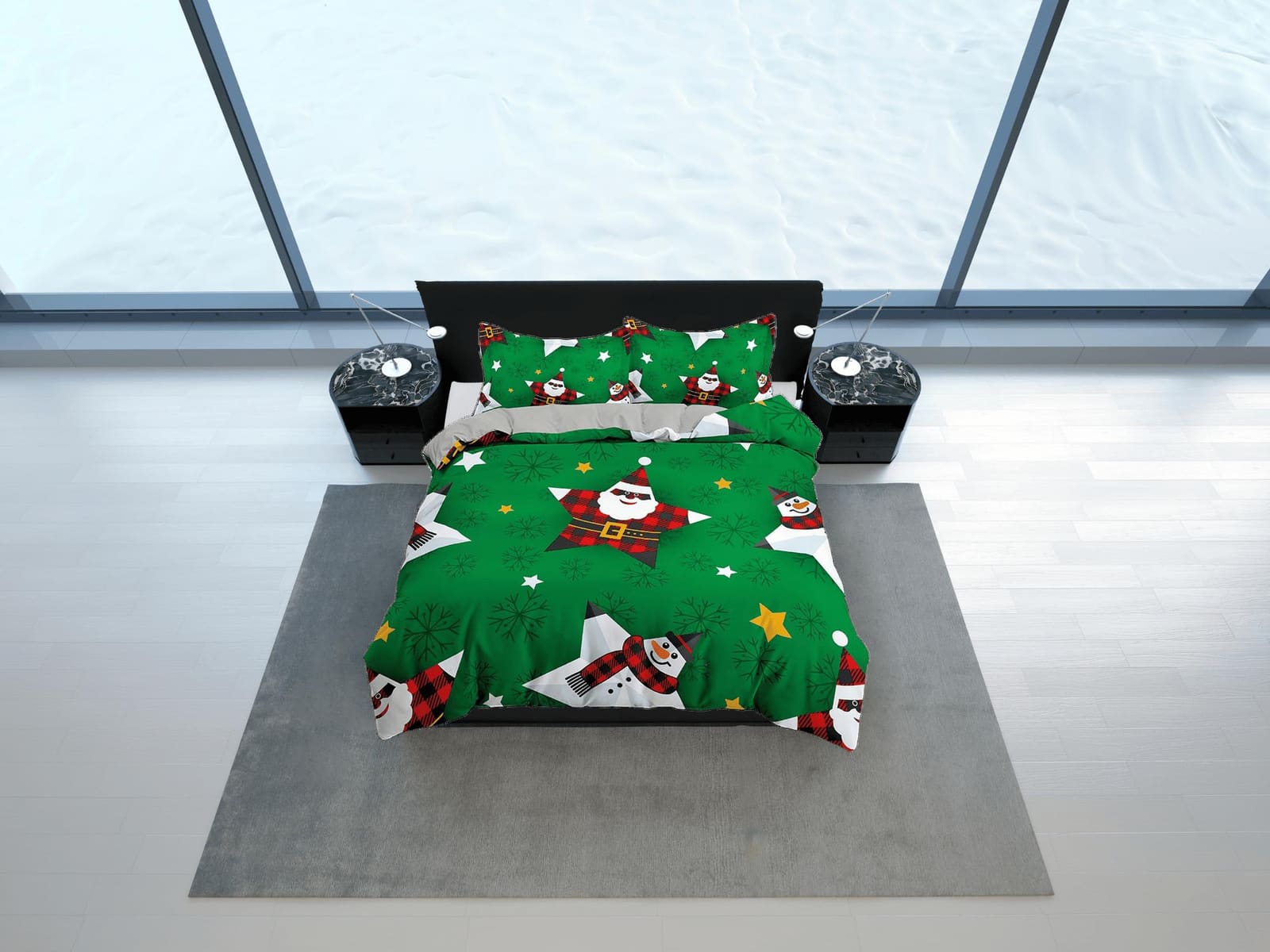 Star snowman and santa claus green duvet cover set, christmas full size bedding & pillowcase, college bedding, crib beddin…