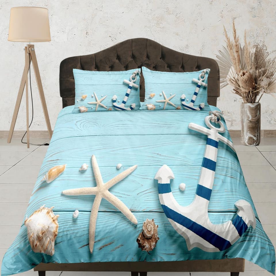 Starfish & anchor coastal grandma blue duvet cover nautical bedding set full queen king, aesthetic beach room decor, ocean…