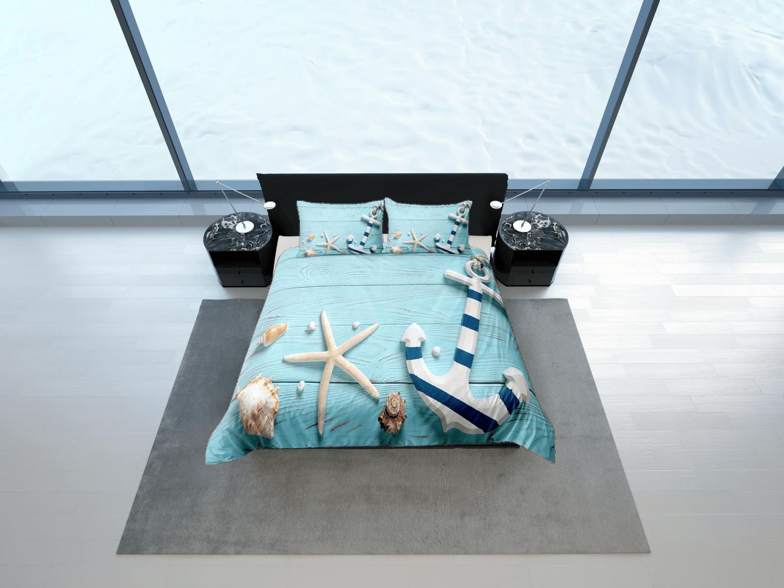 Starfish & anchor coastal grandma blue duvet cover nautical bedding set full queen king, aesthetic beach room decor, ocean…