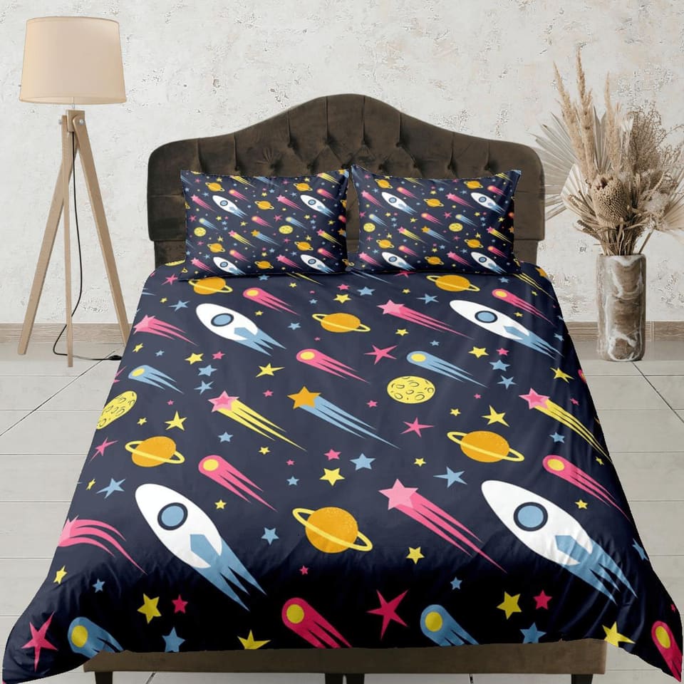 Stars and spaceships duvet cover set kids, galaxy bedding set full, king, queen, astronomy science dorm bedding, toddler b…