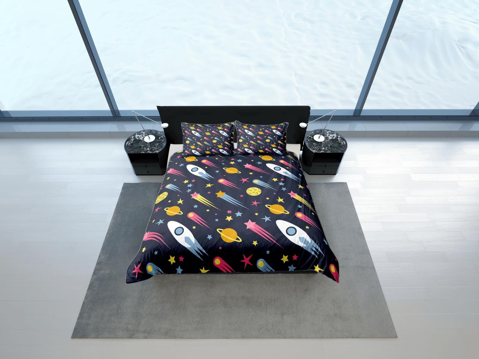 Stars and spaceships duvet cover set kids, galaxy bedding set full, king, queen, astronomy science dorm bedding, toddler b…