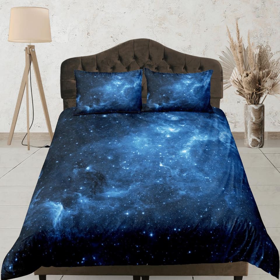 Stars blue galaxy bedding, 3D outer space bedding set full, cosmic duvet cover king, queen, dorm bedding, toddler bedding…
