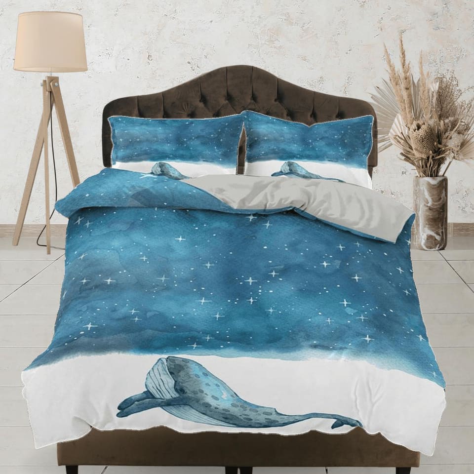 Stars in sky painted dolphin bedding artistic blue duvet cover, ocean blush decor sea animal bedding set full king queen t…