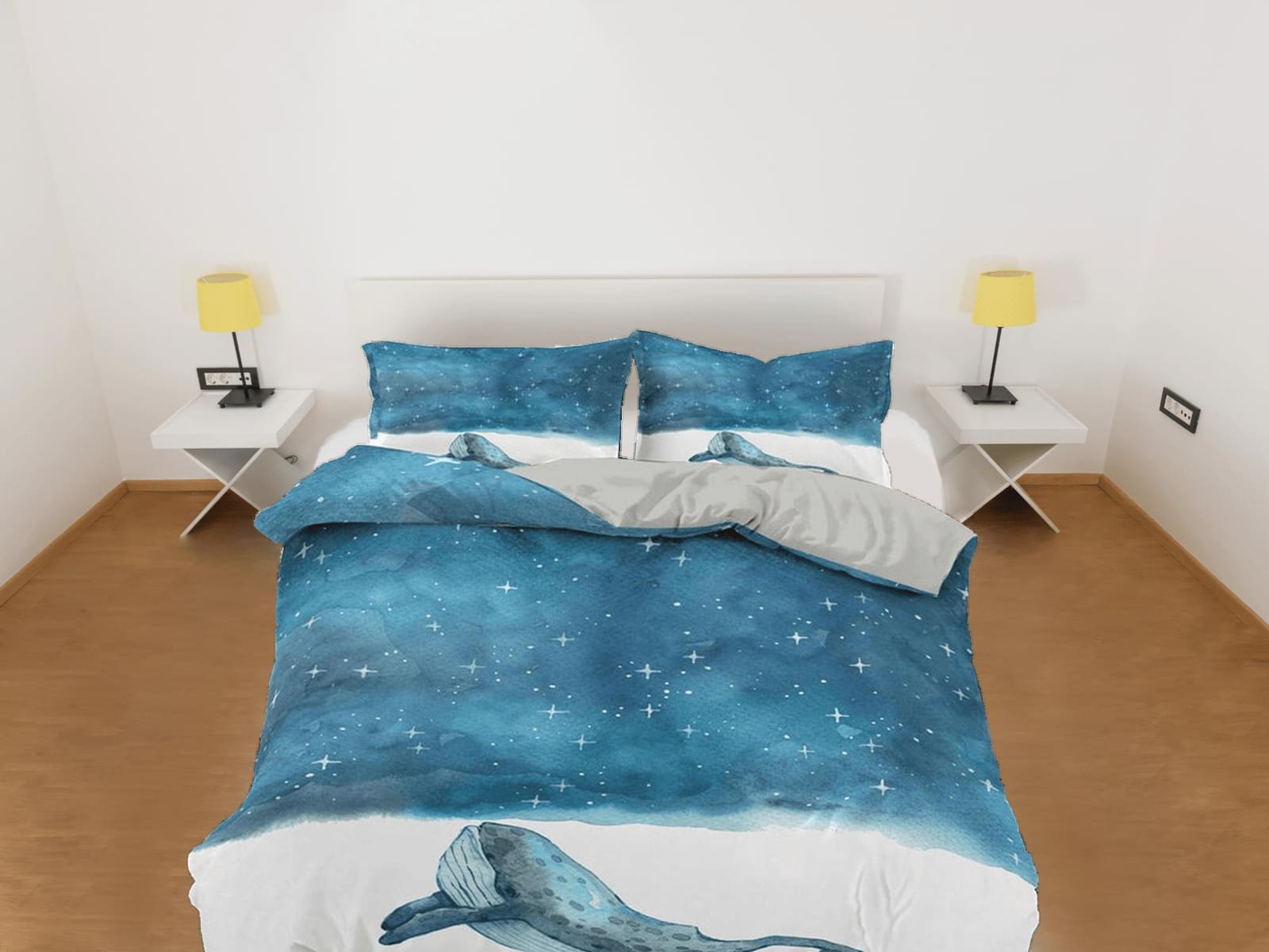 Stars in sky painted dolphin bedding artistic blue duvet cover, ocean blush decor sea animal bedding set full king queen t…